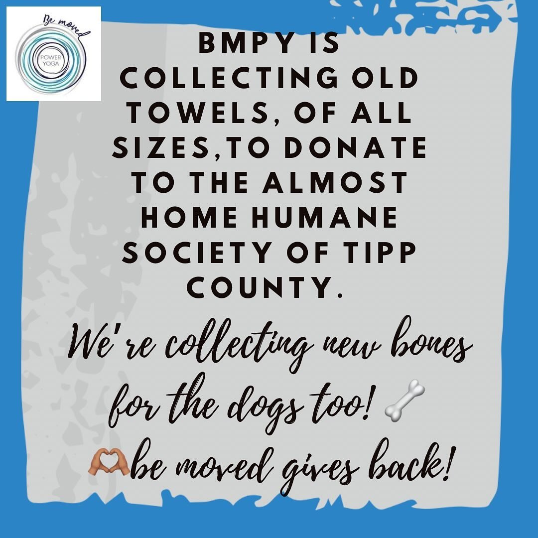 We like to collect and donate items to a local organization each year in May. This year we&rsquo;re giving to Almost Home Humane Society of Tippecanoe County! You may drop off your old towels, of any size, and/or a new dog bone. No rawhide please. It