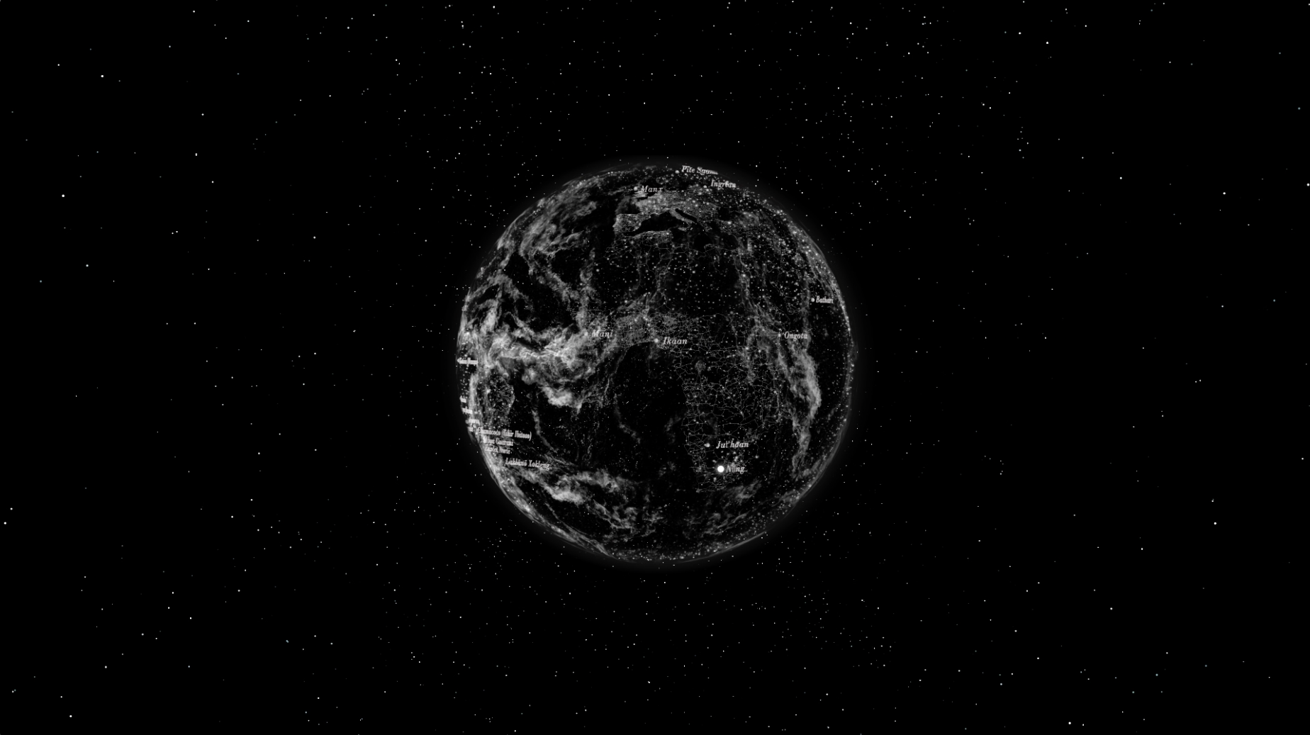 Lena Herzog worked with a team to create an original work (sound design, composition, animation, drone footage) based on the archival recordings of extinct and endangered languages (40 in total). Screen shot ( 1 ) from the video of the installation (with original animation, video and composition)
