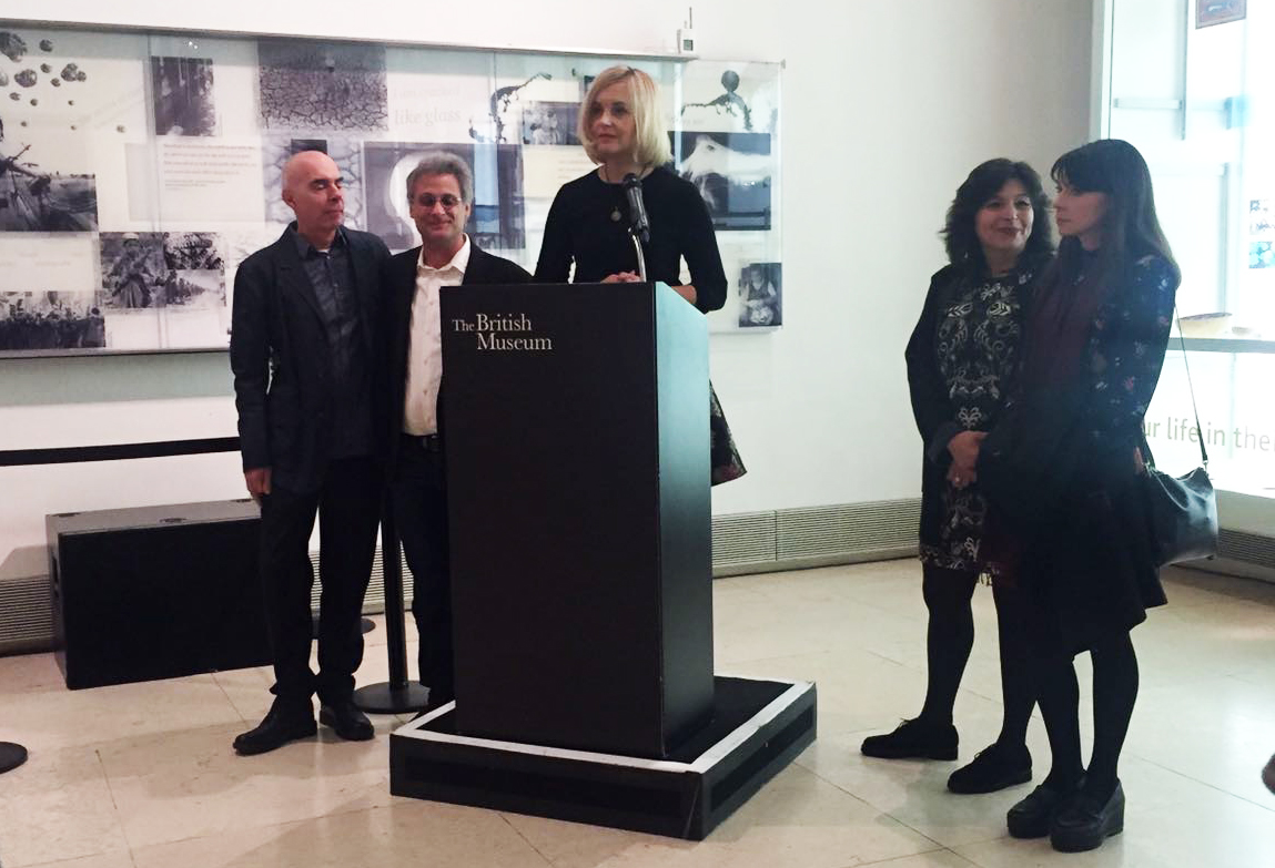 Opening reception at The British Museum, Last Whispers team: Marco Capalbo (left), Mark Mangini, Lena Herzog, Mandana Seyfeddinipur, Margaret Morris (right)