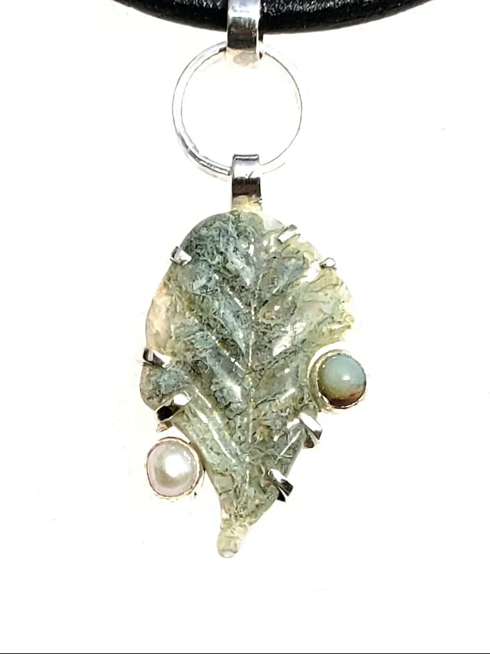 Moss Agate Leaf with Pearl and Opal