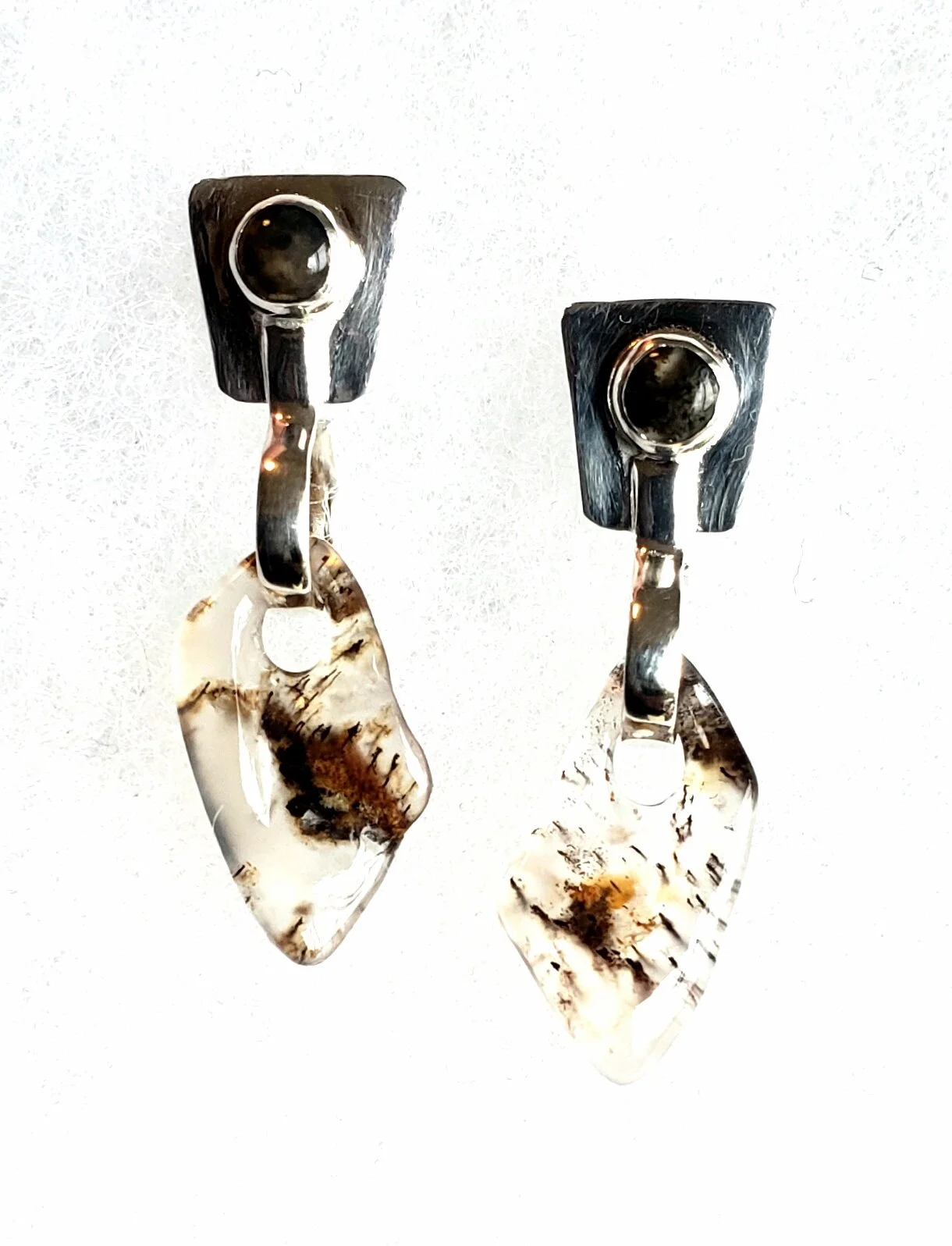 Moss Agate and Marcasite Plume Earrings