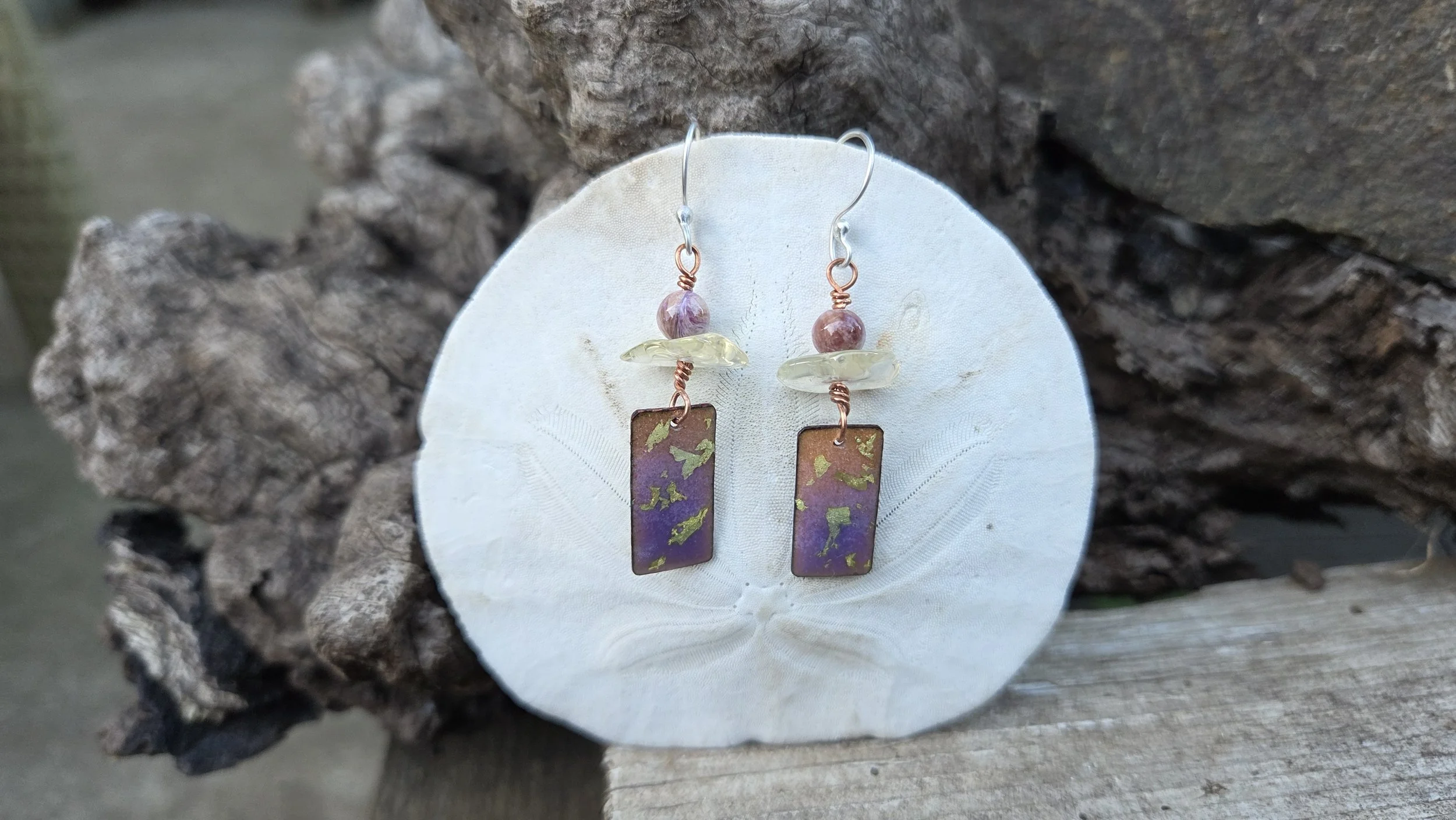 Purple and Gold Enamel Earrings
