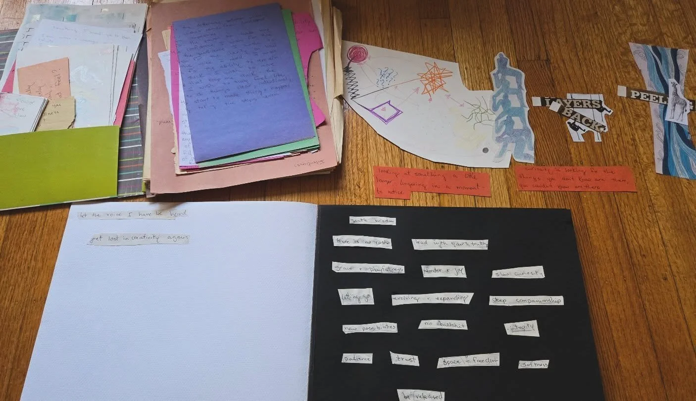 One of my favorite reflection practices is going back through the chaos of old writing, scribbling, mark making and cuting out the pieces that resonate or stick out to me now.  Then shaping it into something completely new. 

 It's a way I can see an