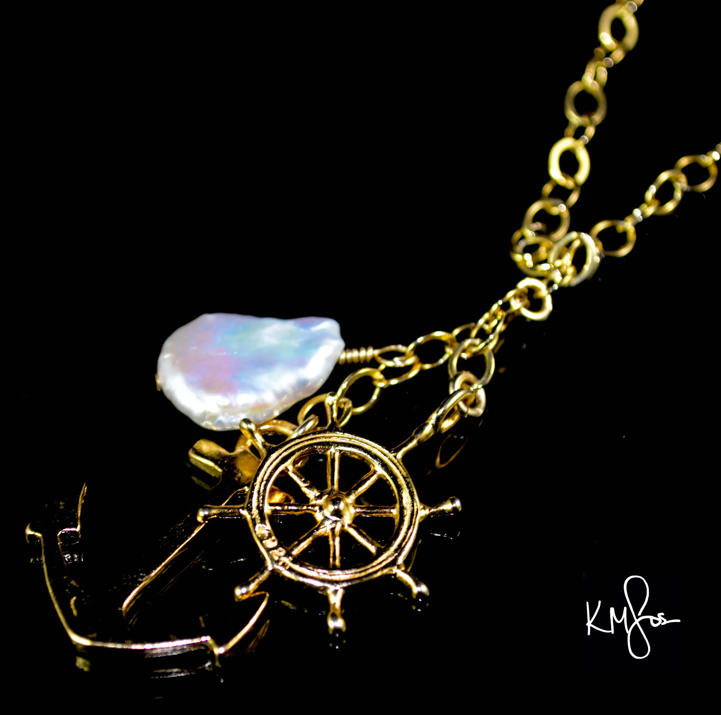 Anchor &amp; Helm Necklace with Freshwater Pearl