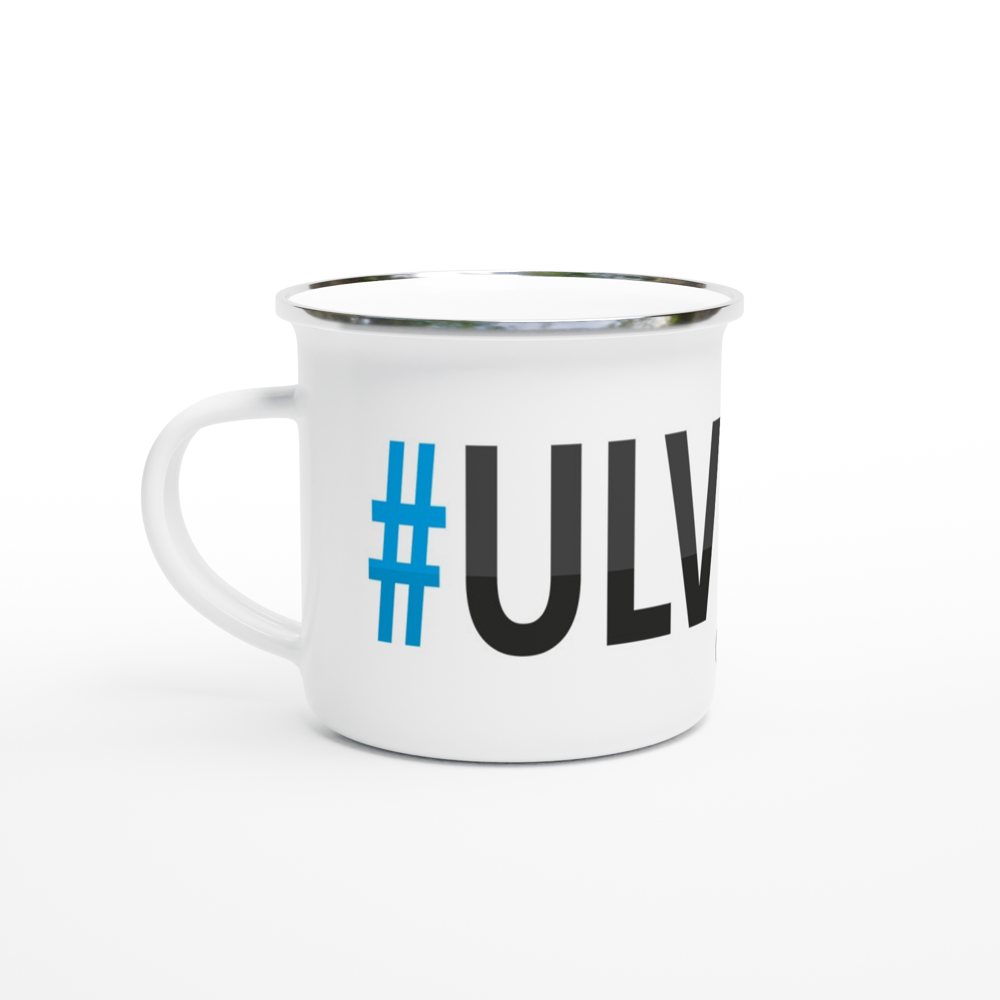 The picture shows a left side view of the 12oz white enamel mug "#ULVÖN Höga Kusten" from the series HIKING #TAGMUG™