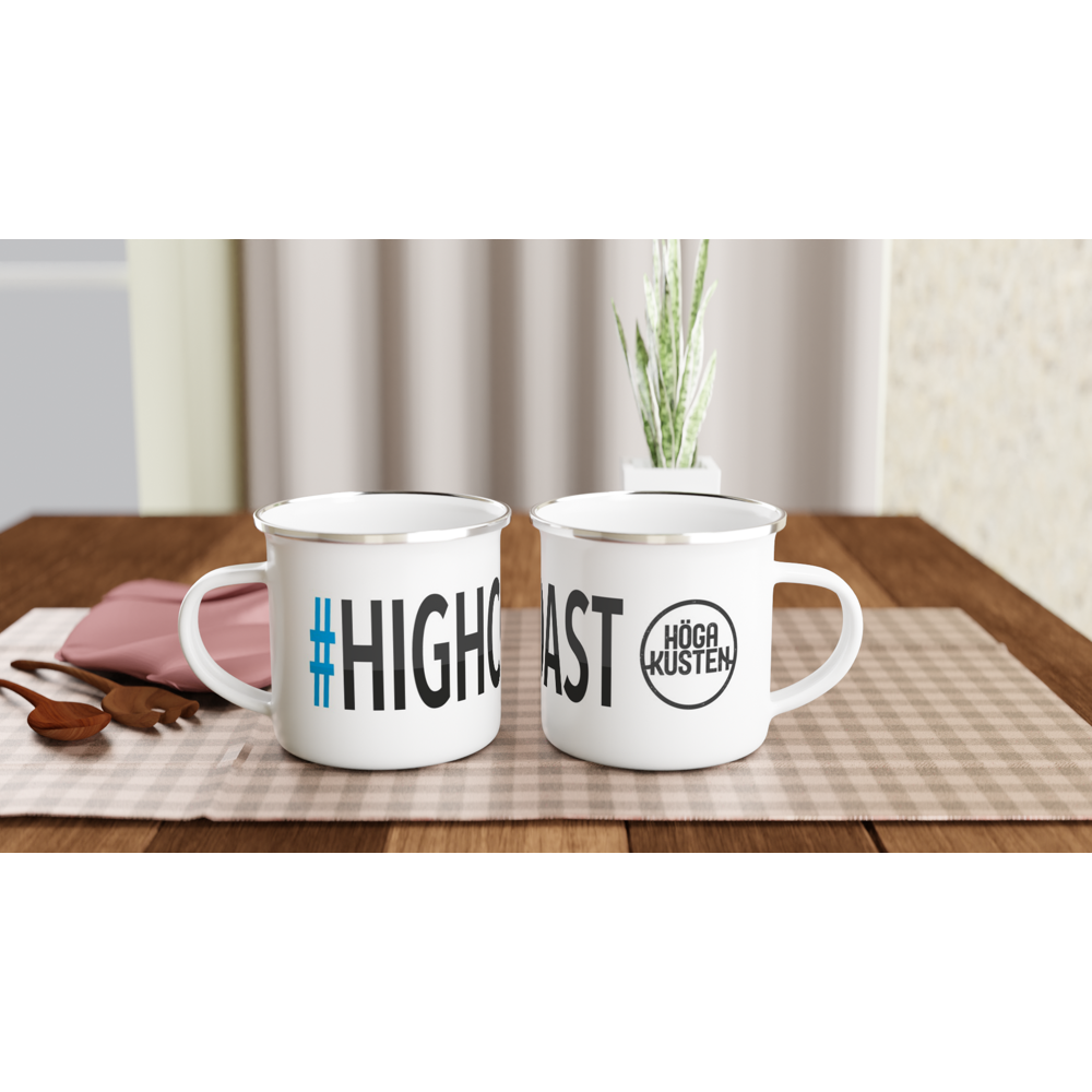 The picture shows the left and right side view of two 12oz white enamel mugs "#HIGHCOAST Höga Kusten" from the series HIKING #TAGMUG™