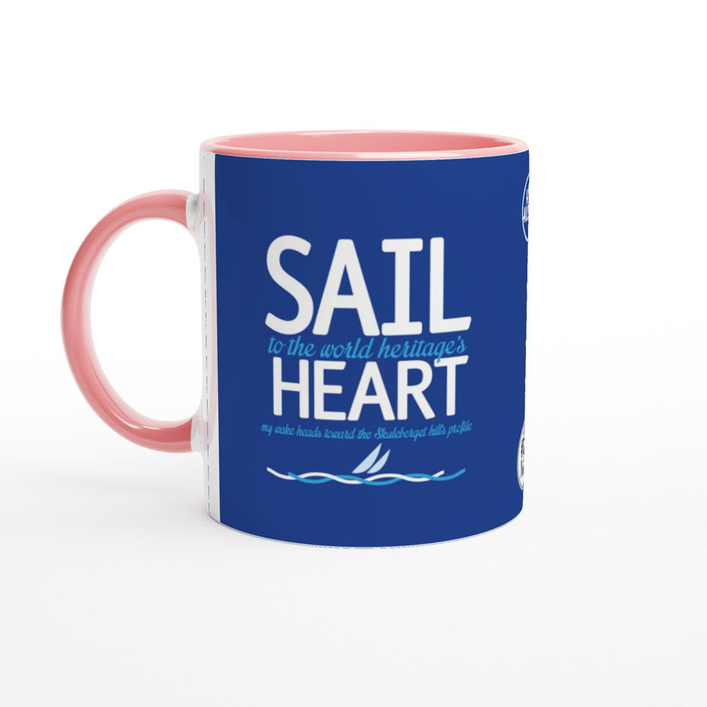 The picture shows a right side view of the 11oz ceramic mug "SAIL TO THE WORLD HERITAGE HEART" from the series HIGH COAST SAILOR #TAGMUG™ with pink color inside