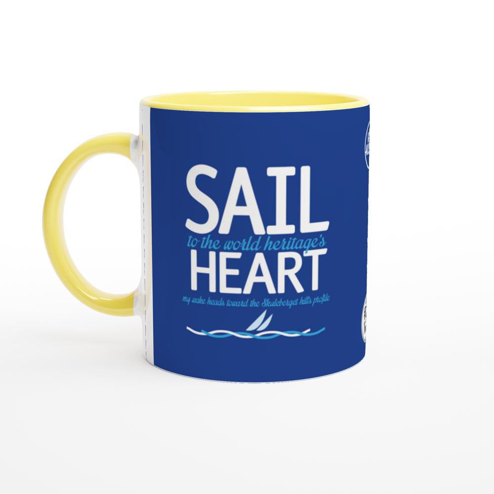 The picture shows a right side view of the 11oz ceramic mug "SAIL TO THE WORLD HERITAGE HEART" from the series HIGH COAST SAILOR #TAGMUG™ with yellow color inside