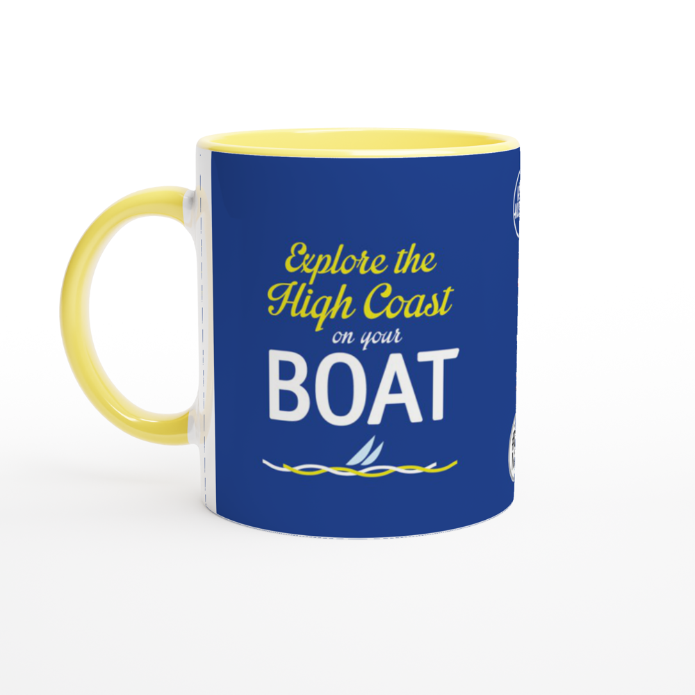 The picture shows a left side view of the 11oz ceramic mug "EXPLORE THE HIGH COAST" from the series HIGH COAST SAILOR #TAGMUG™ with yellow color inside