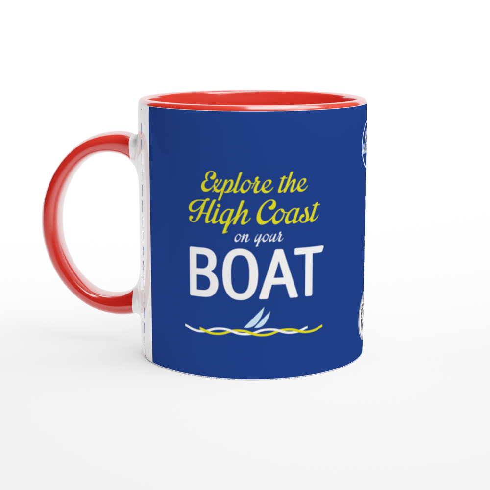 The picture shows a right side view of the 11oz ceramic mug "EXPLORE THE HIGH COAST" from the series HIGH COAST SAILOR #TAGMUG™ with red color inside