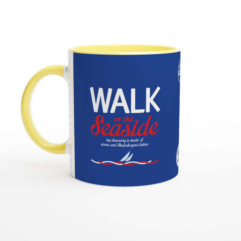 The picture shows a right side view of the 11oz ceramic mug "WALK ON THE SEASIDE" from the series HIGH COAST SAILOR #TAGMUG™ with yellow color inside