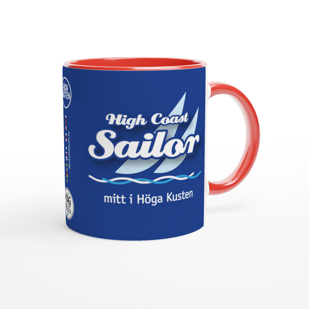 The picture shows a right side view of the 11oz ceramic mug "WALK ON THE SEASIDE" from the series HIGH COAST SAILOR #TAGMUG™ with red color inside