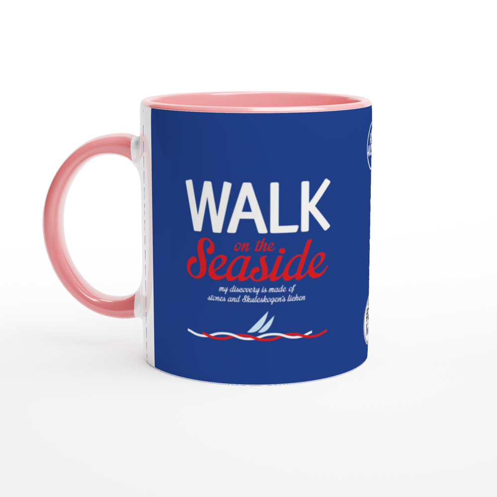 The picture shows a right side view of the 11oz ceramic mug "WALK ON THE SEASIDE" from the series HIGH COAST SAILOR #TAGMUG™ with pink color inside