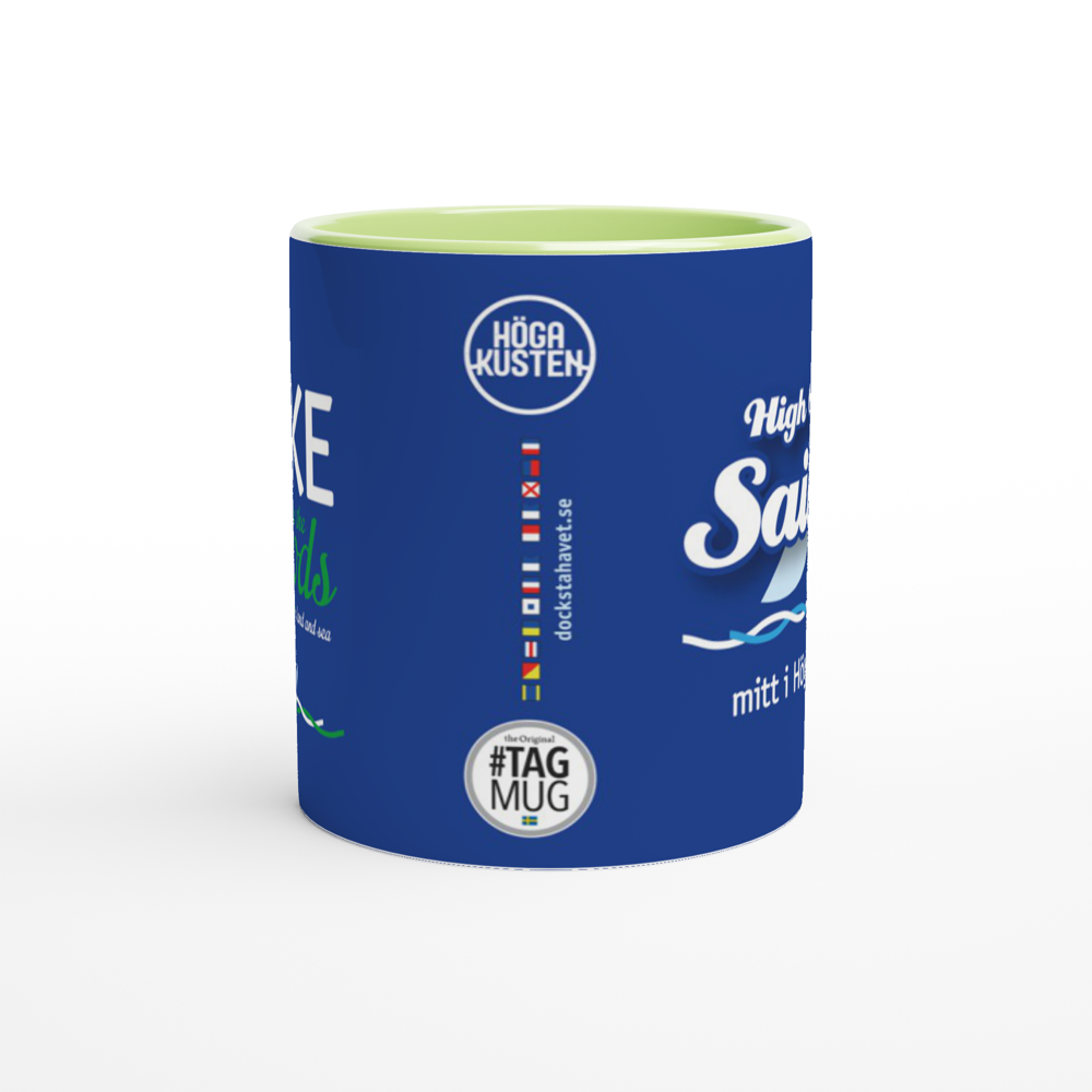 The picture shows the 11oz ceramic mug "HIKE INTO THE WOODS" from the series HIGH COAST SAILOR #TAGMUG™ with green color inside, taken from the side opposite to the handle
