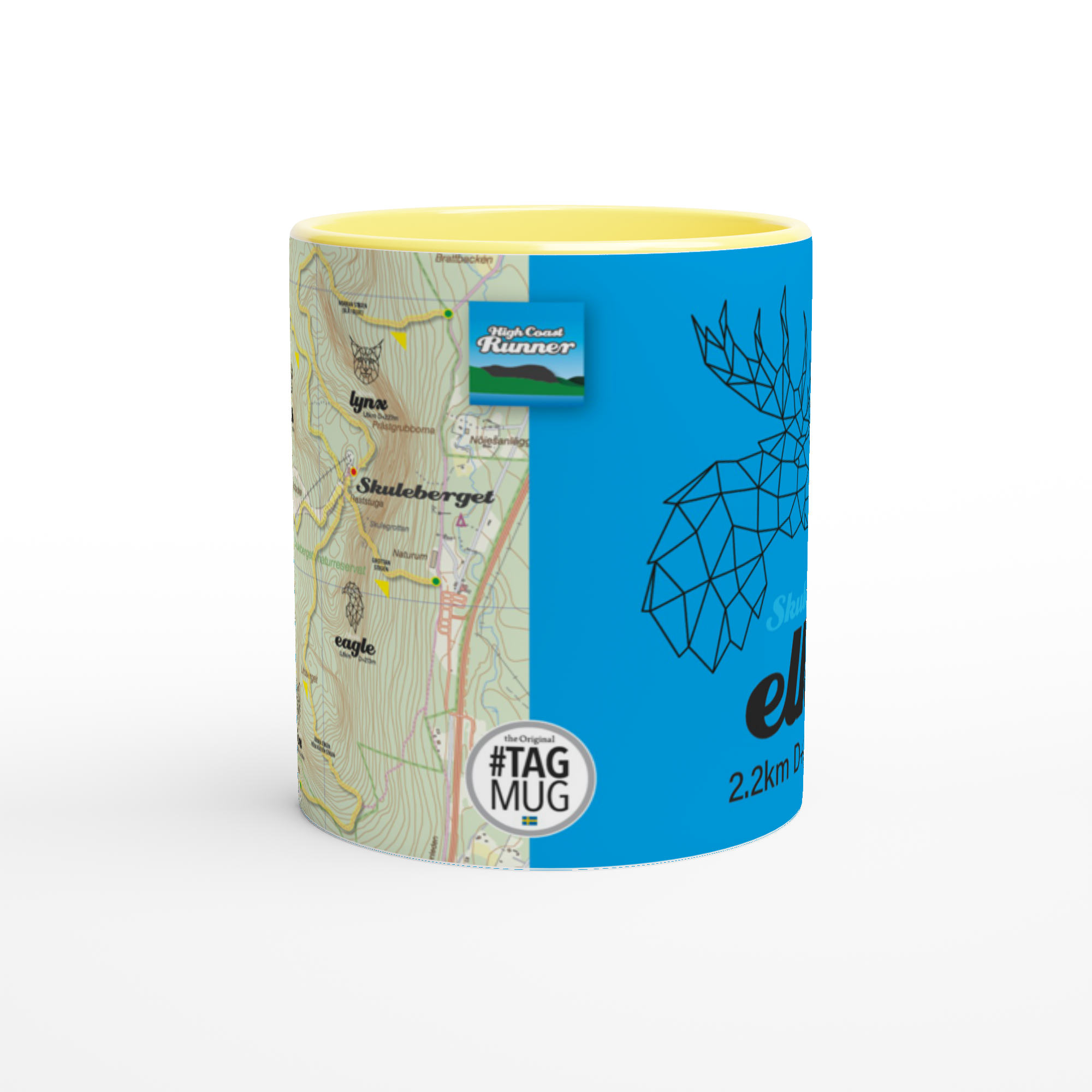 The picture shows the 11oz ceramic mug "SKULEBERGET ELK PATH" from the series “SKULE BIG5" #TAGMUG™ with yellow color inside, taken from the side opposite to the handle