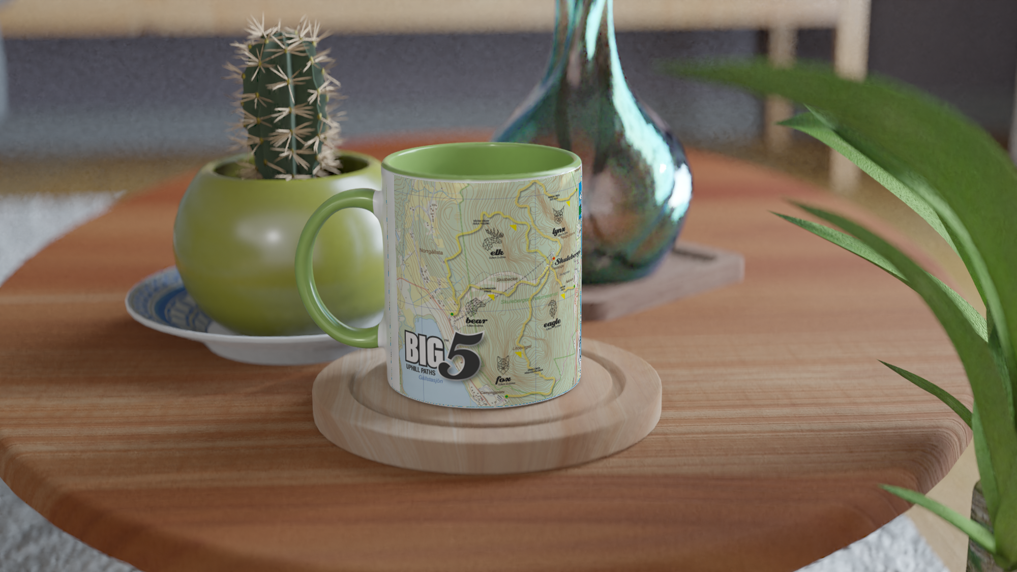 The picture shows a left side view of the 11oz ceramic mug "SKULEBERGET LYNX PATH” from the series “SKULE BIG5" #TAGMUG™ with green color inside on a contemporary kitchen table