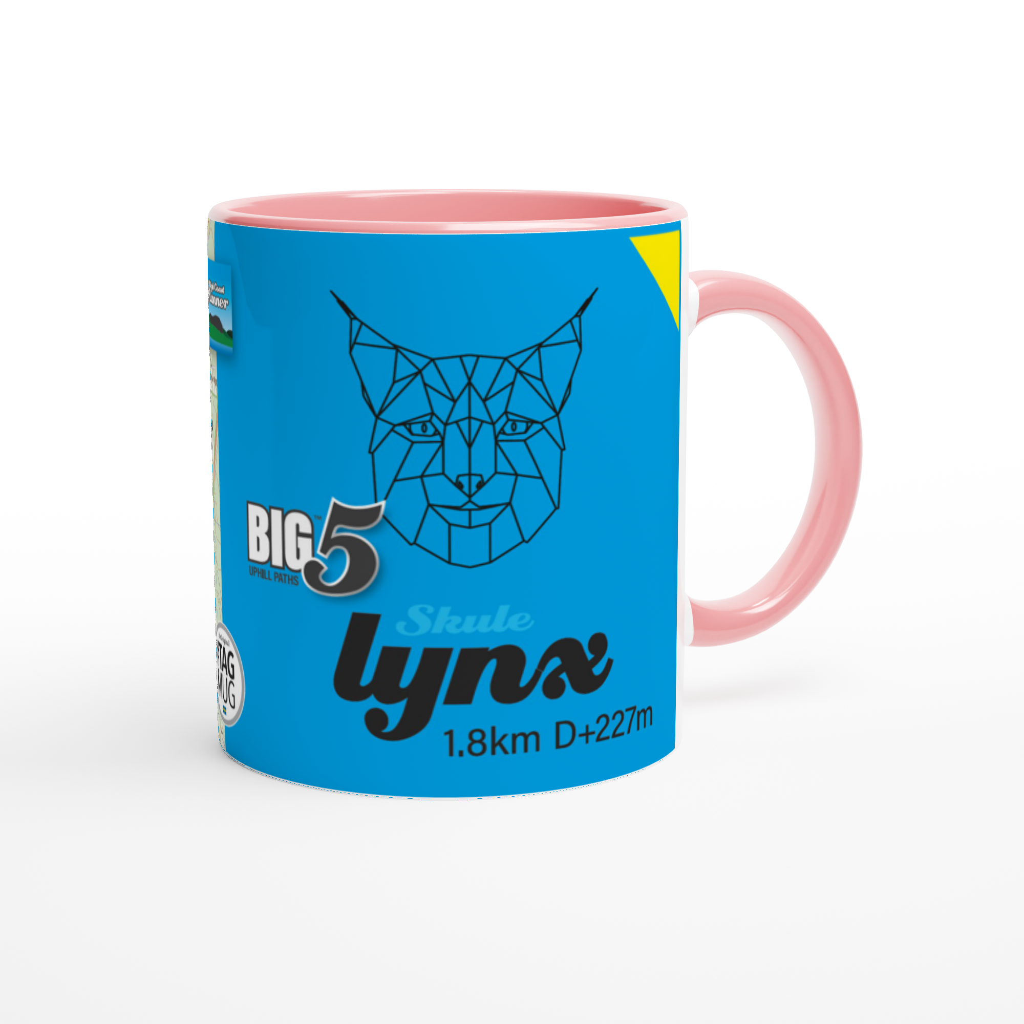 The picture shows a right side view of the 11oz ceramic mug "SKULEBERGET LYNX PATH" from the series “SKULE BIG5" #TAGMUG™ with pink color inside