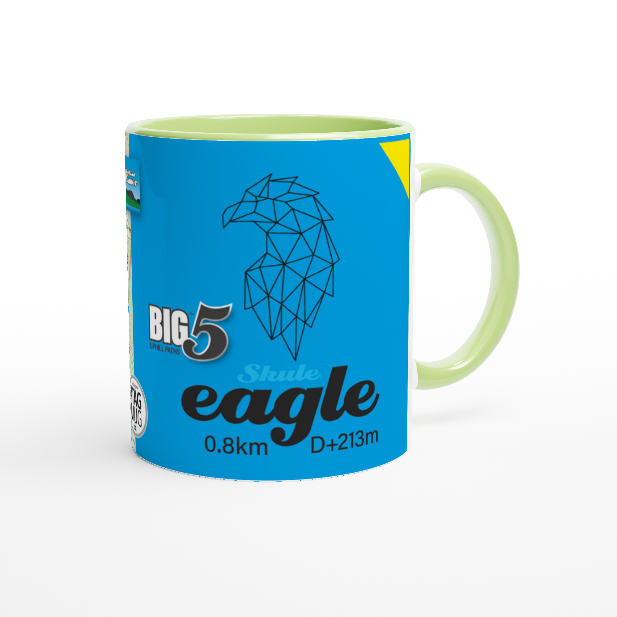 The picture shows a right side view of the 11oz ceramic mug "SKULEBERGET EAGLE PATH" from the series “SKULE BIG5" #TAGMUG™ with green color inside