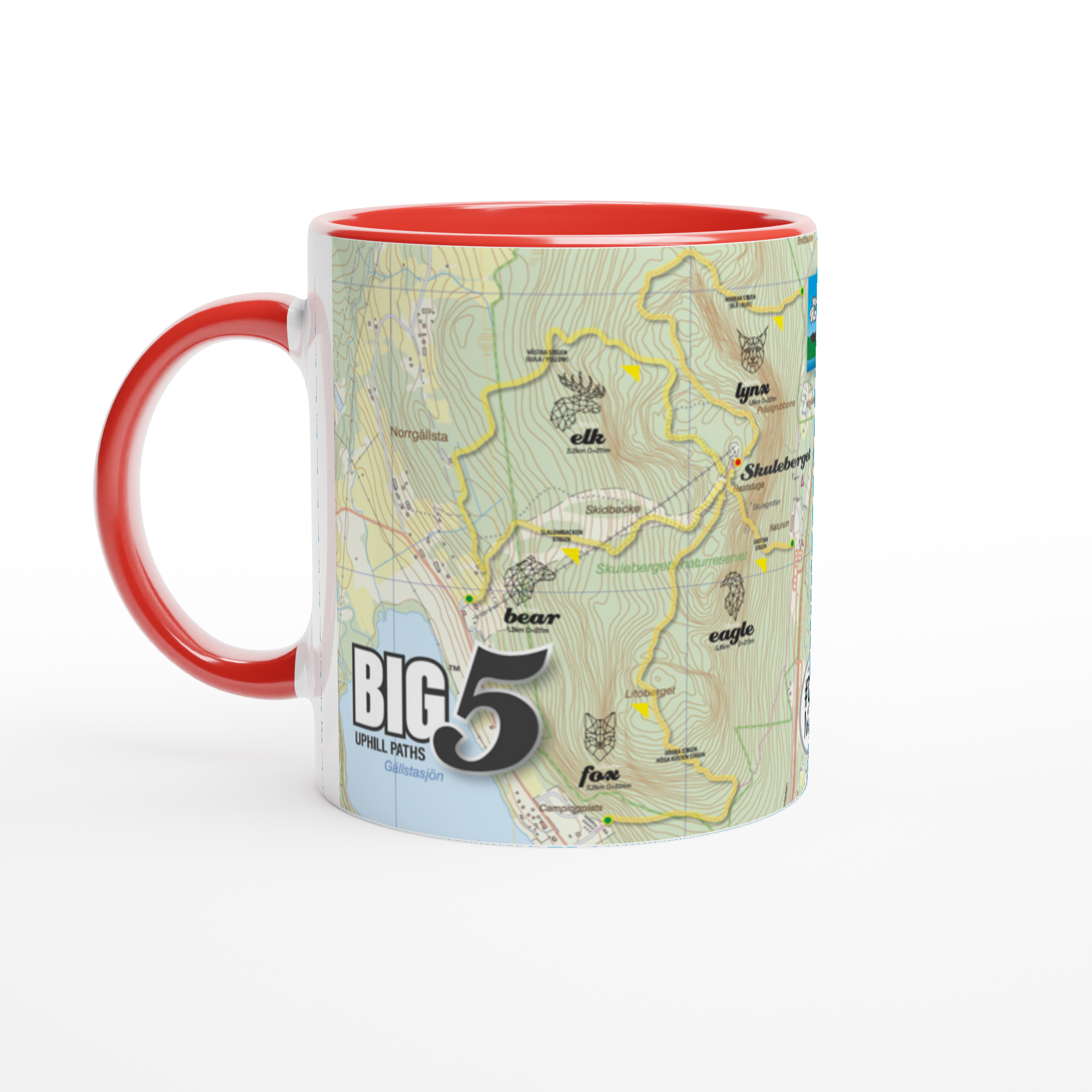 The picture shows a right side view of the 11oz ceramic mug "SKULEBERGET FOX PATH" from the series “SKULE BIG5" #TAGMUG™ with red color inside