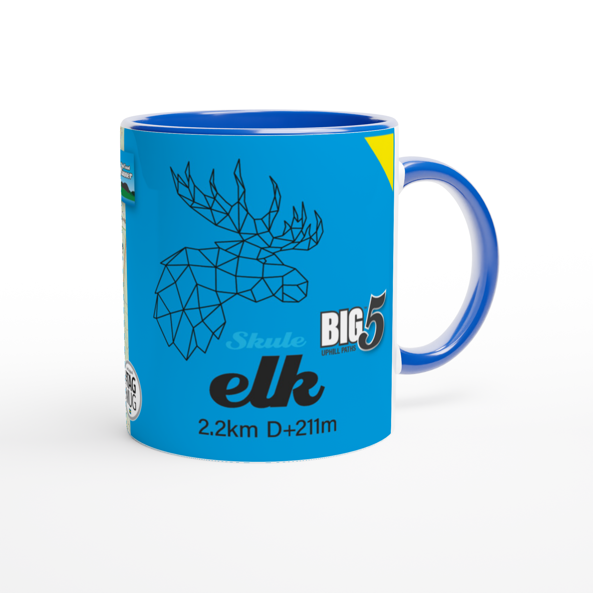 The picture shows a right side view of the 11oz ceramic mug "SKULEBERGET ELK PATH" from the series “SKULE BIG5" #TAGMUG™ with blue color inside