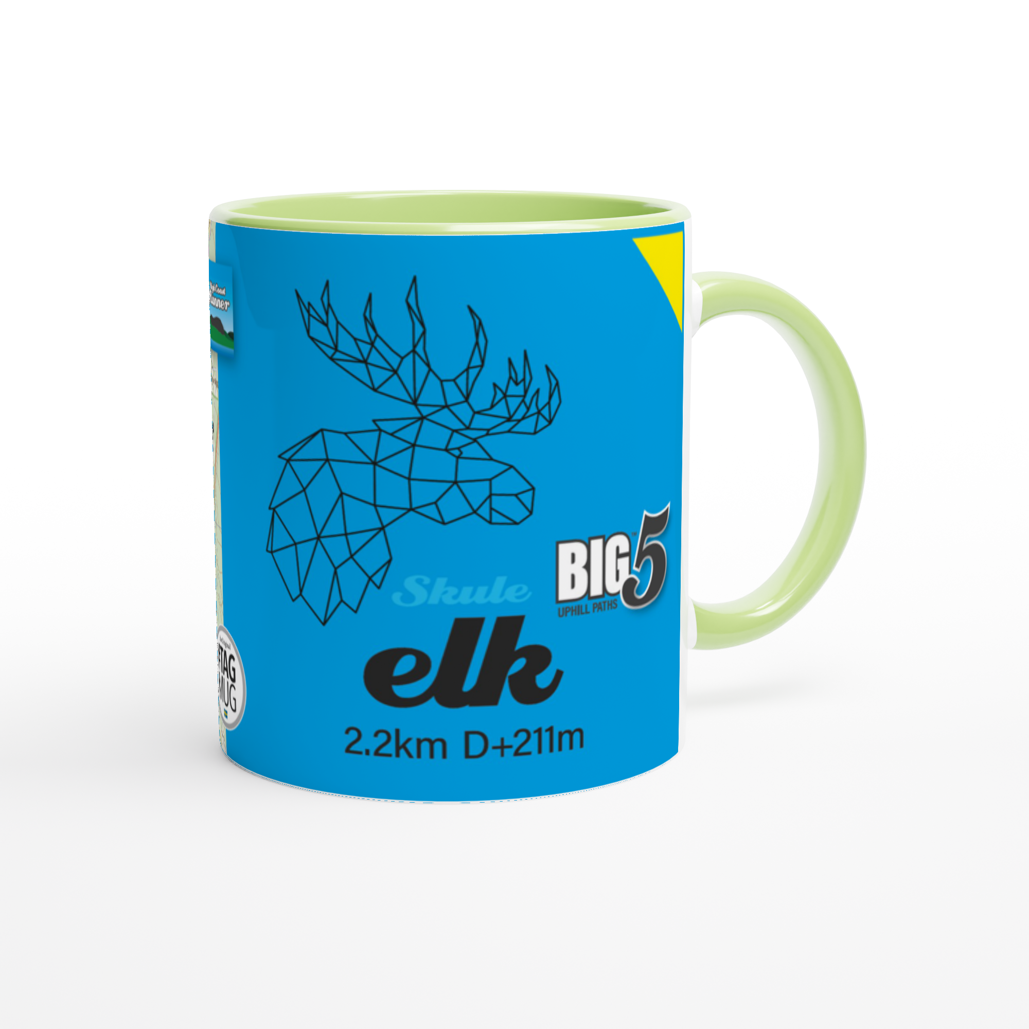 The picture shows a right side view of the 11oz ceramic mug "SKULEBERGET ELK PATH" from the series “SKULE BIG5" #TAGMUG™ with green color inside