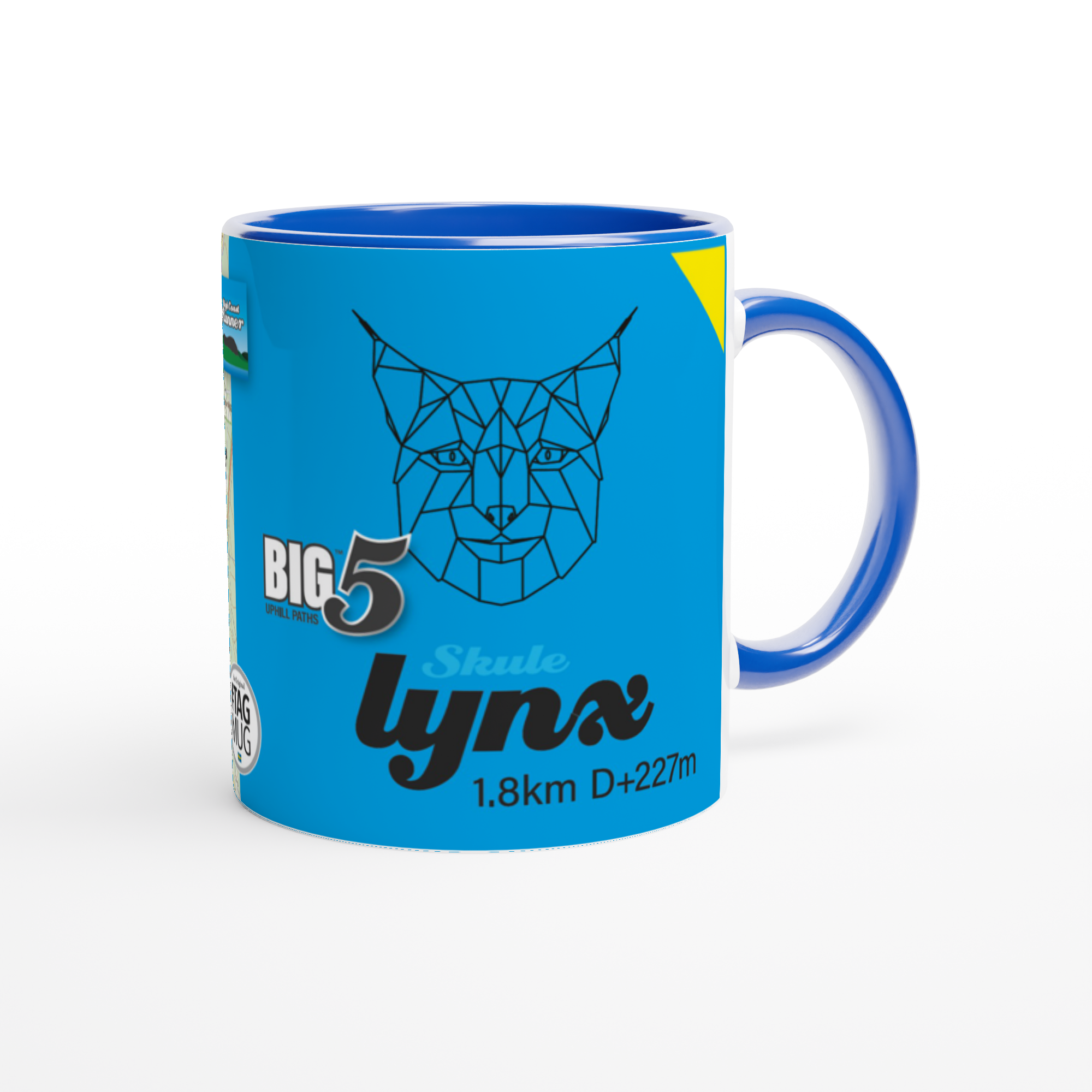 The picture shows a right side view of the 11oz ceramic mug "SKULEBERGET LYNX PATH" from the series “SKULE BIG5" #TAGMUG™ with blue color inside