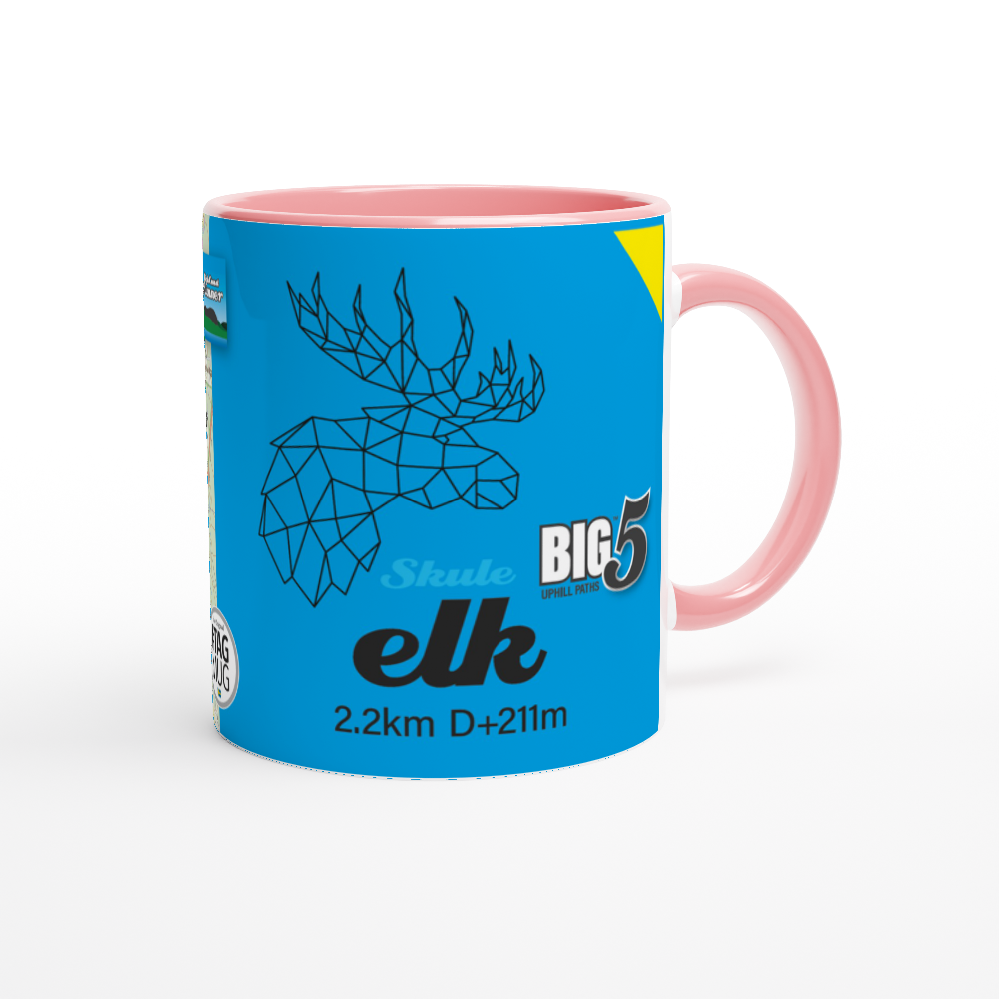 The picture shows a right side view of the 11oz ceramic mug "SKULEBERGET ELK PATH" from the series “SKULE BIG5" #TAGMUG™ with pink color inside