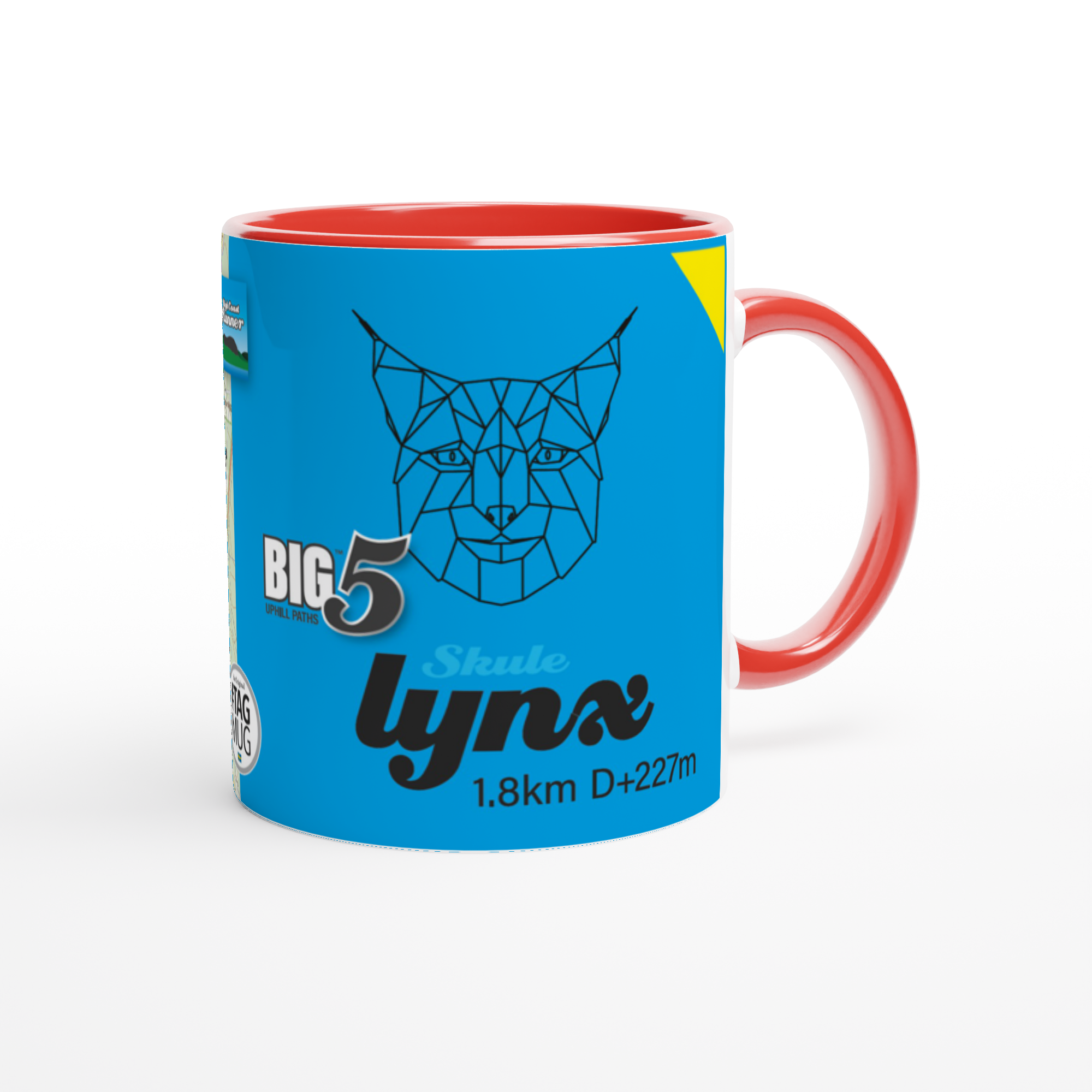 The picture shows a right side view of the 11oz ceramic mug "SKULEBERGET LYNX PATH" from the series “SKULE BIG5" #TAGMUG™ with red color inside