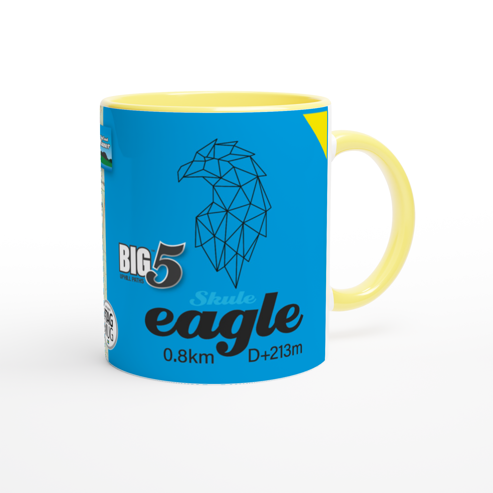 The picture shows a right side view of the 11oz ceramic mug "SKULEBERGET EAGLE PATH" from the series “SKULE BIG5" #TAGMUG™ with yellow color inside
