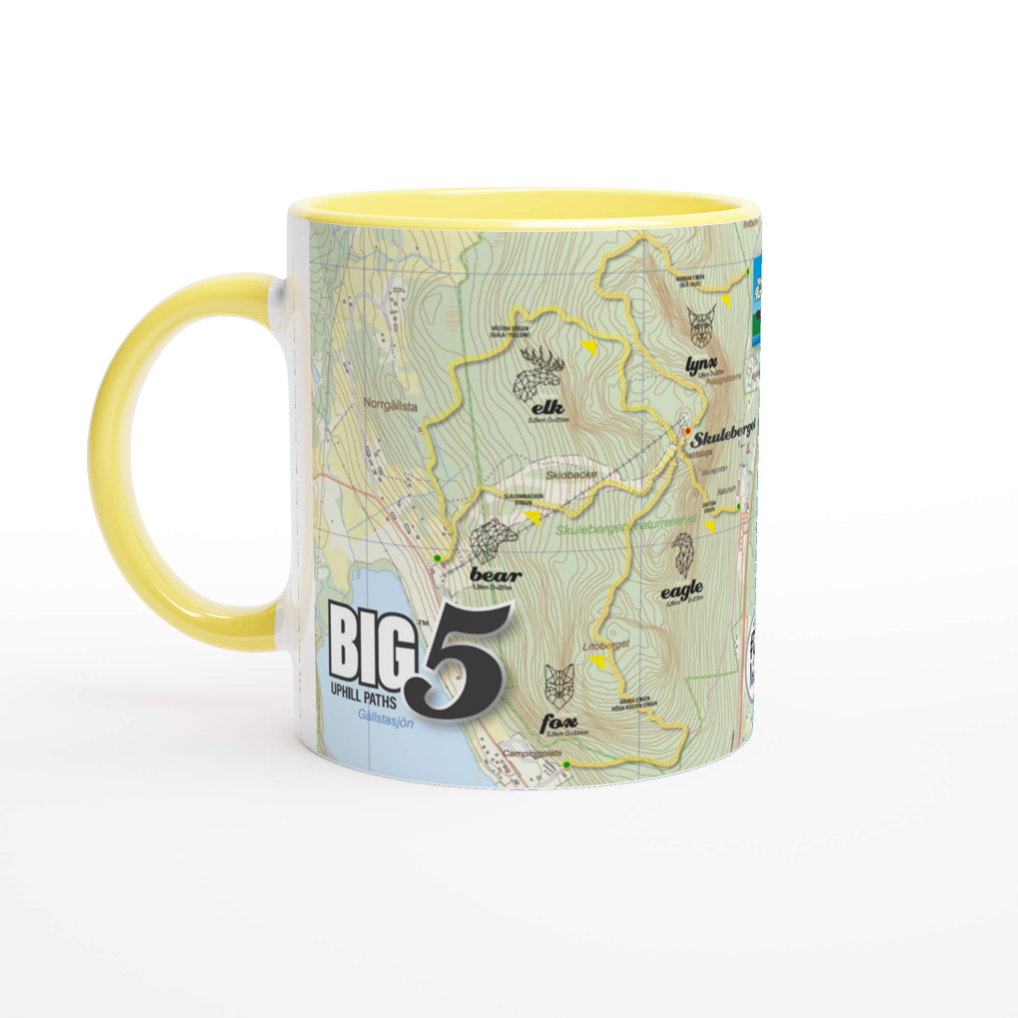 The picture shows a right side view of the 11oz ceramic mug "SKULEBERGET FOX PATH" from the series “SKULE BIG5" #TAGMUG™ with yellow color inside
