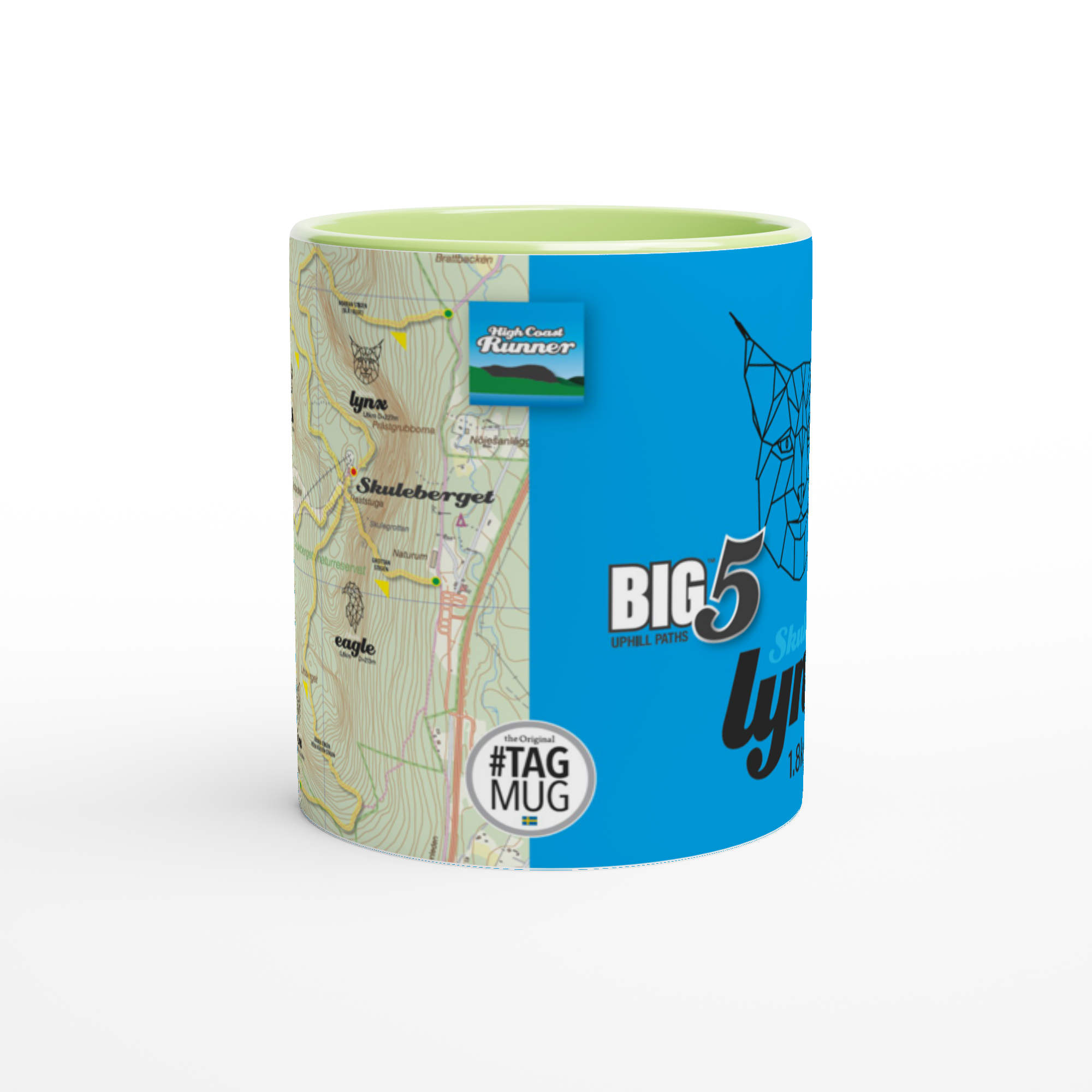 The picture shows the 11oz ceramic mug "SKULEBERGET LYNX PATH" from the series “SKULE BIG5" #TAGMUG™ with green color inside, taken from the side opposite to the handle