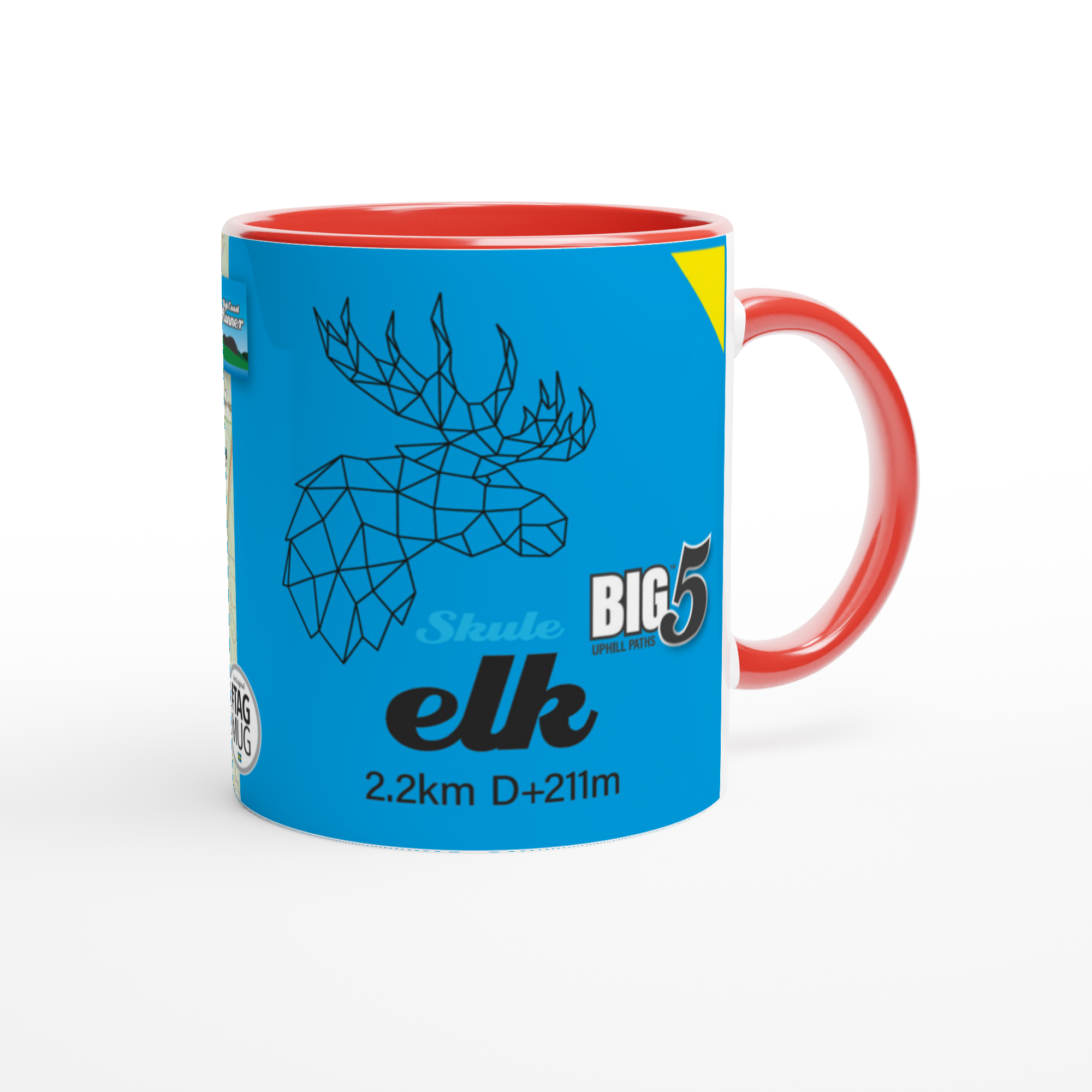 The picture shows a right side view of the 11oz ceramic mug "SKULEBERGET ELK PATH" from the series “SKULE BIG5" #TAGMUG™ with red color inside