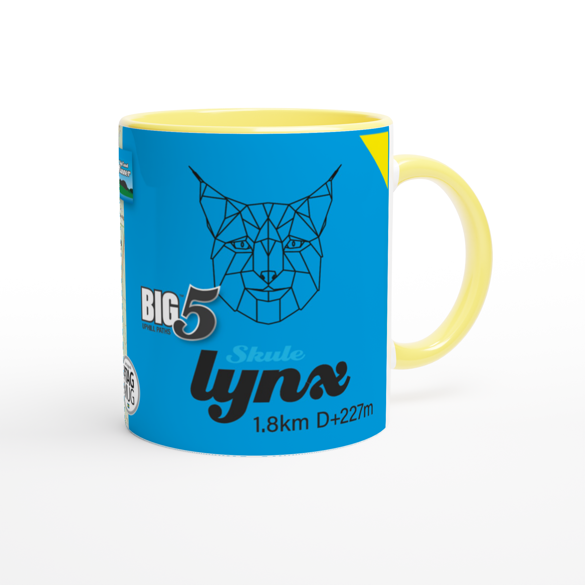 The picture shows a right side view of the 11oz ceramic mug "SKULEBERGET LYNX PATH" from the series “SKULE BIG5" #TAGMUG™ with yellow color inside
