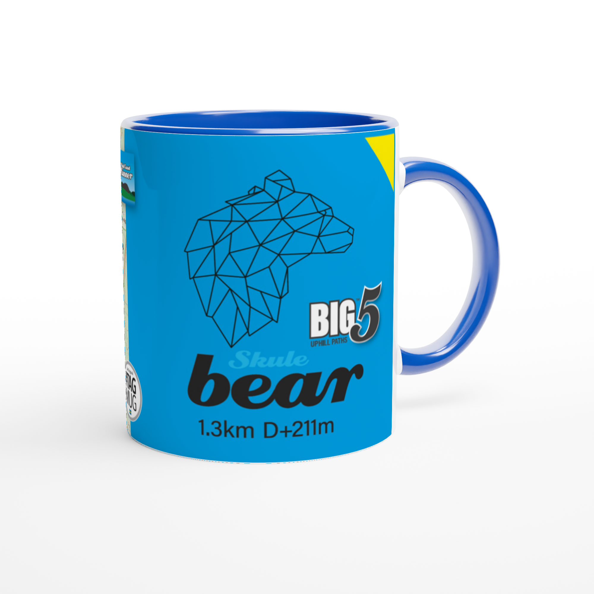 The picture shows a right side view of the 11oz ceramic mug "SKULEBERGET BEAR PATH" from the series “SKULE BIG5" #TAGMUG™ with blue color inside