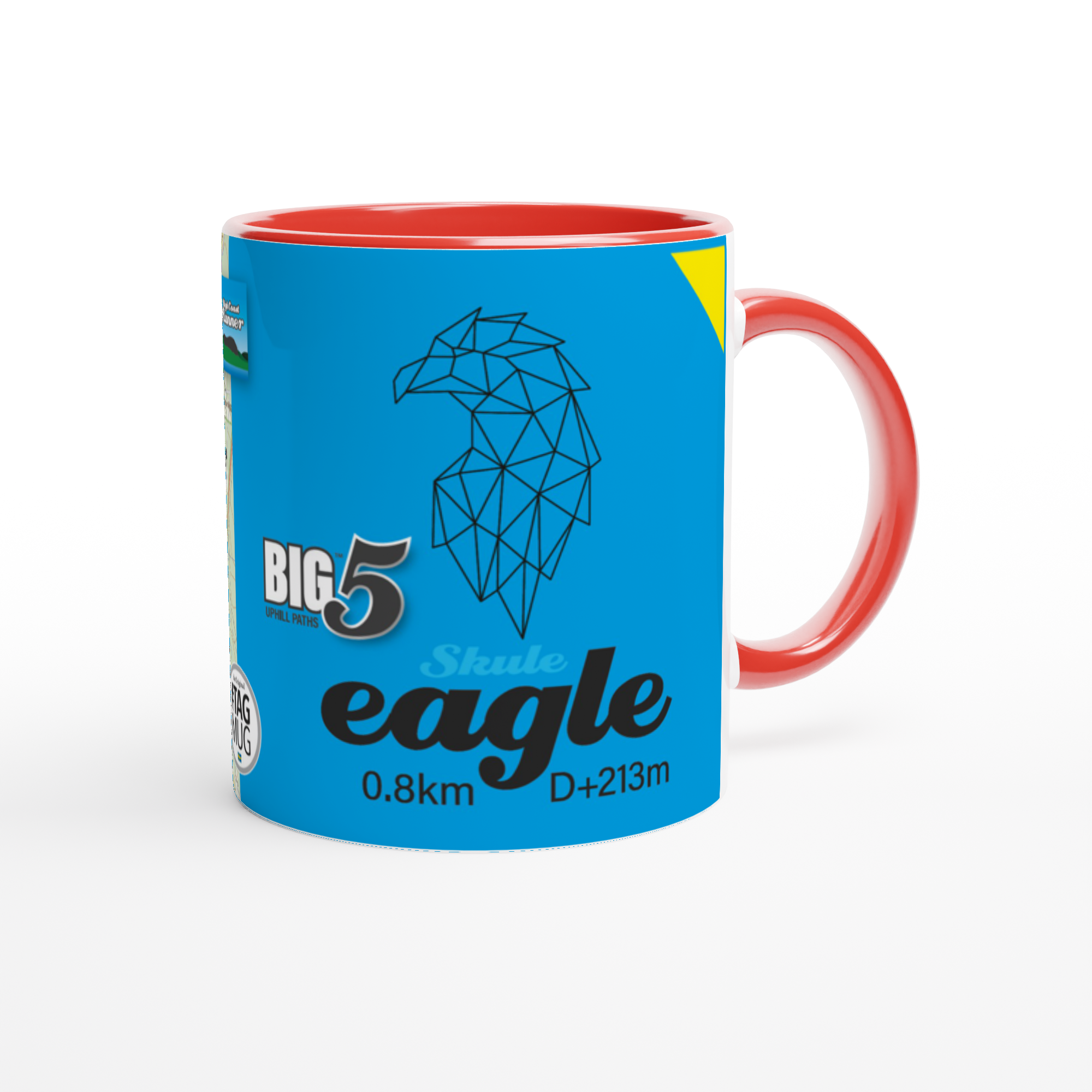 The picture shows a right side view of the 11oz ceramic mug "SKULEBERGET EAGLE PATH" from the series “SKULE BIG5" #TAGMUG™ with red color inside