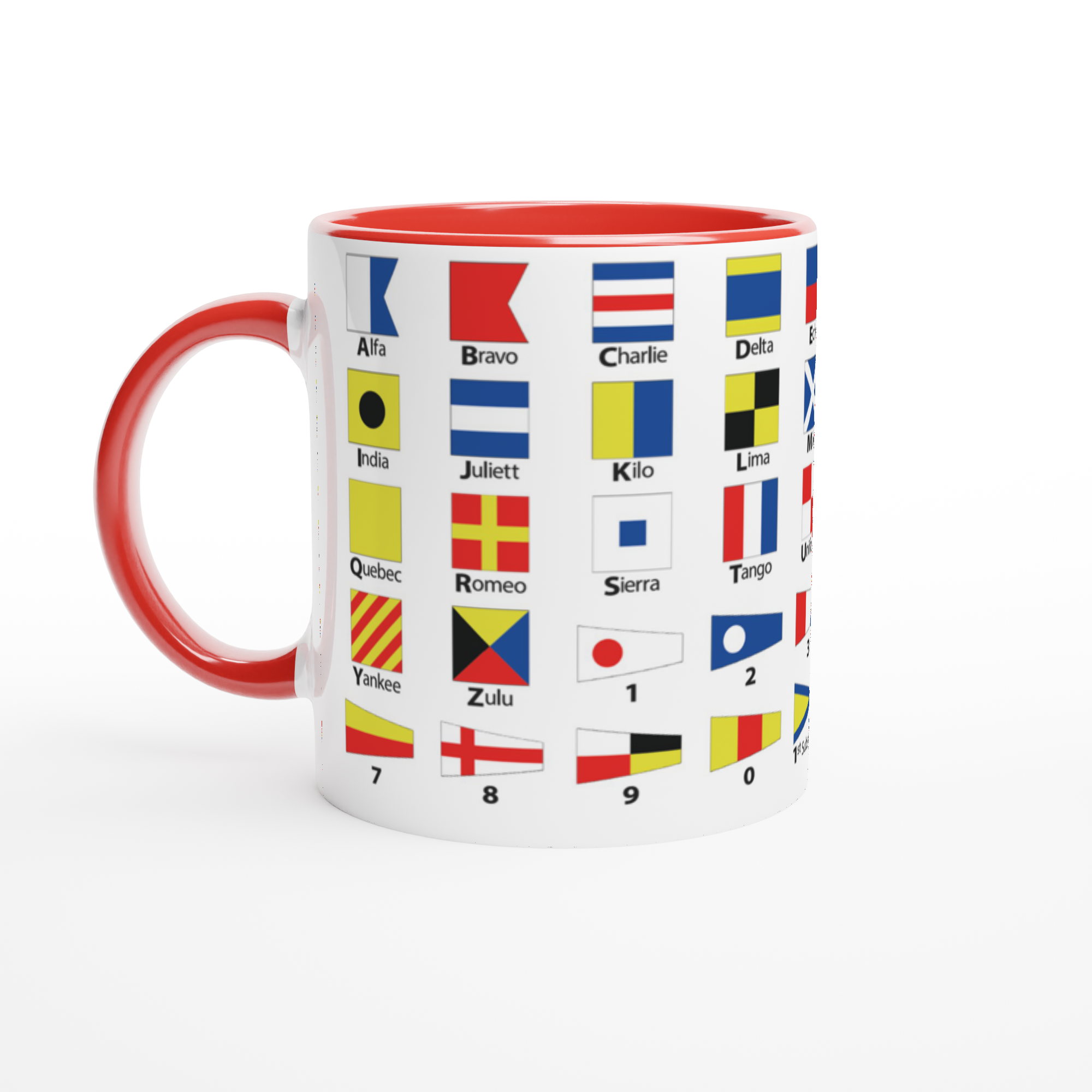 The picture shows a left side view of the 11oz ceramic mug "NAUTICAL FLAGS of the I.c.S.” from the series SAILING #TAGMUG™ with red color inside
