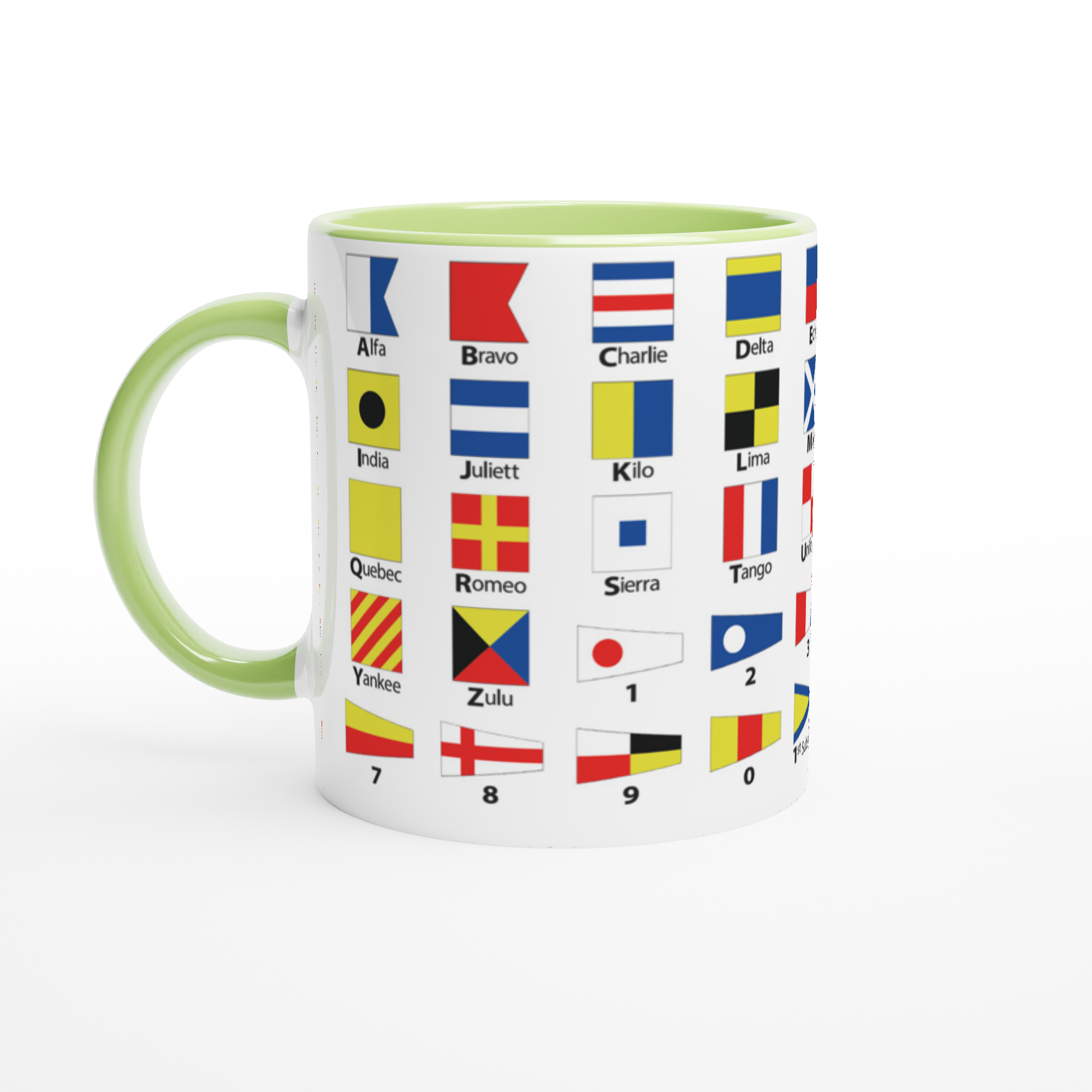 The picture shows a left side view of the 11oz ceramic mug "NAUTICAL FLAGS of the I.c.S.” from the series SAILING #TAGMUG™ with green color inside