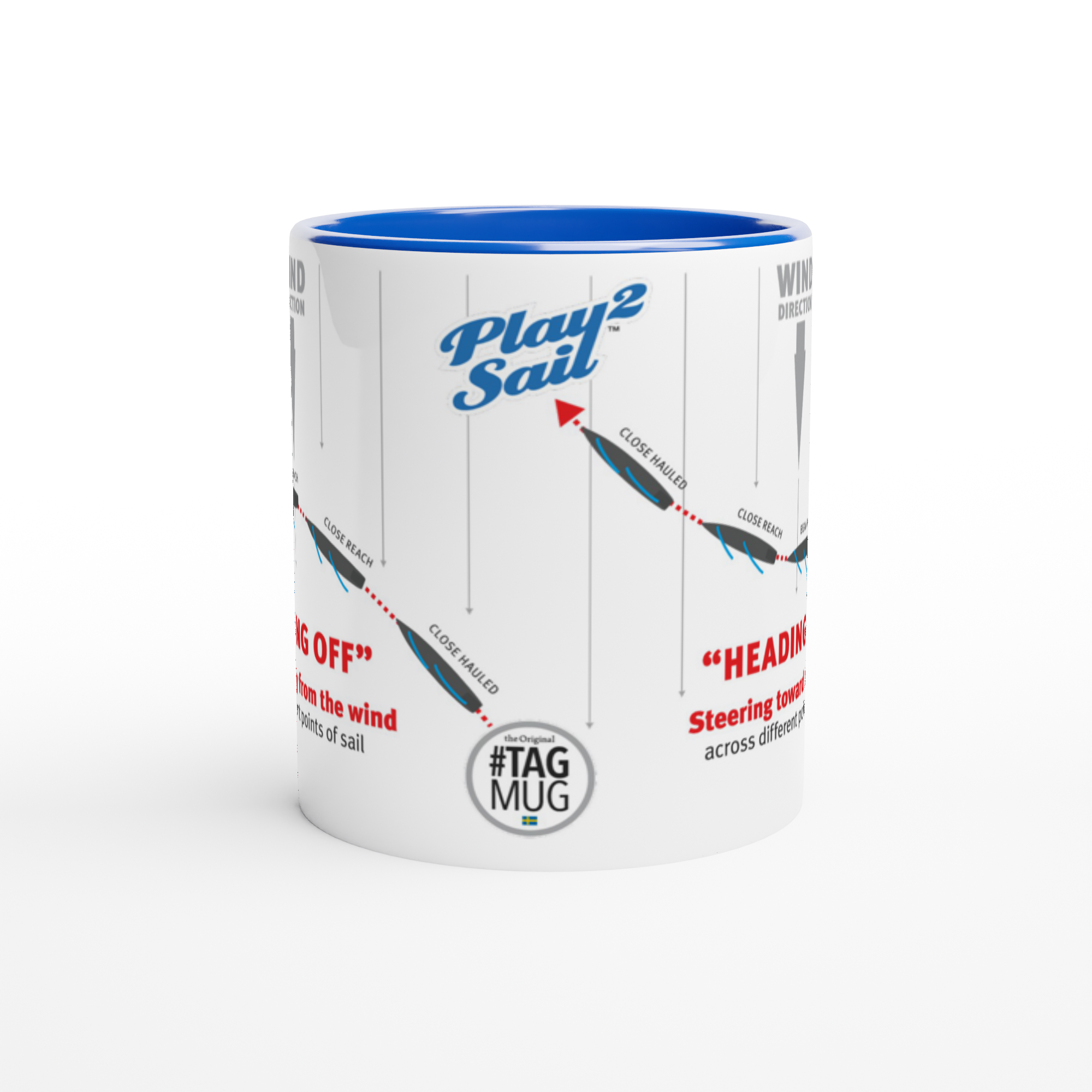 The picture shows the 11oz ceramic mug “HEADING / BEARING” from the series “Play2Sail: Radio Sailing Academy #DF65” [#TAGMUG™] with blue color inside, taken from the side opposite to the handle