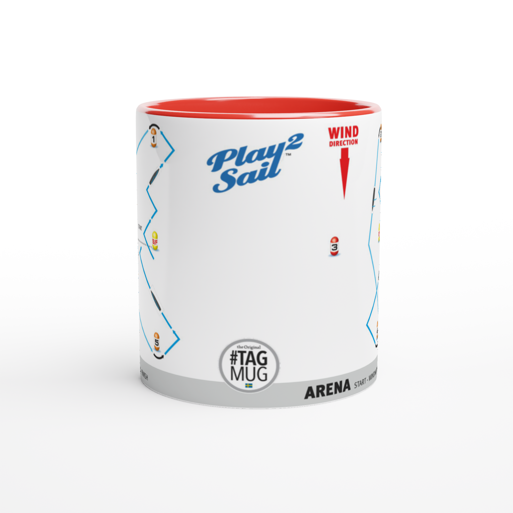 The picture shows the 11oz ceramic mug “SAILING COURSES 2” from the series “Play2Sail: Radio Sailing Academy #DF65” [#TAGMUG™] with red color inside, taken from the side opposite to the handle