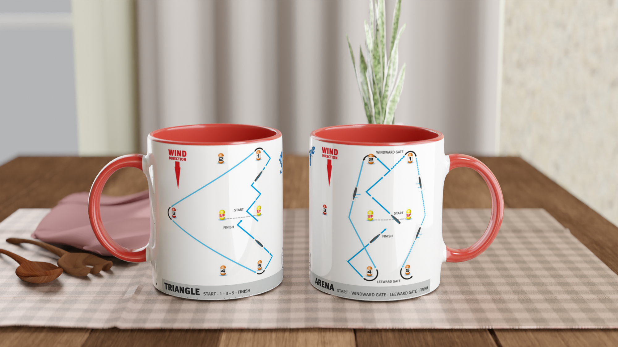 The picture shows the left and right side view of two 11oz ceramic mugs “SAILING COURSES 2” from the series “Play2Sail: Radio Sailing Academy #DF65” [#TAGMUG™] with red color inside