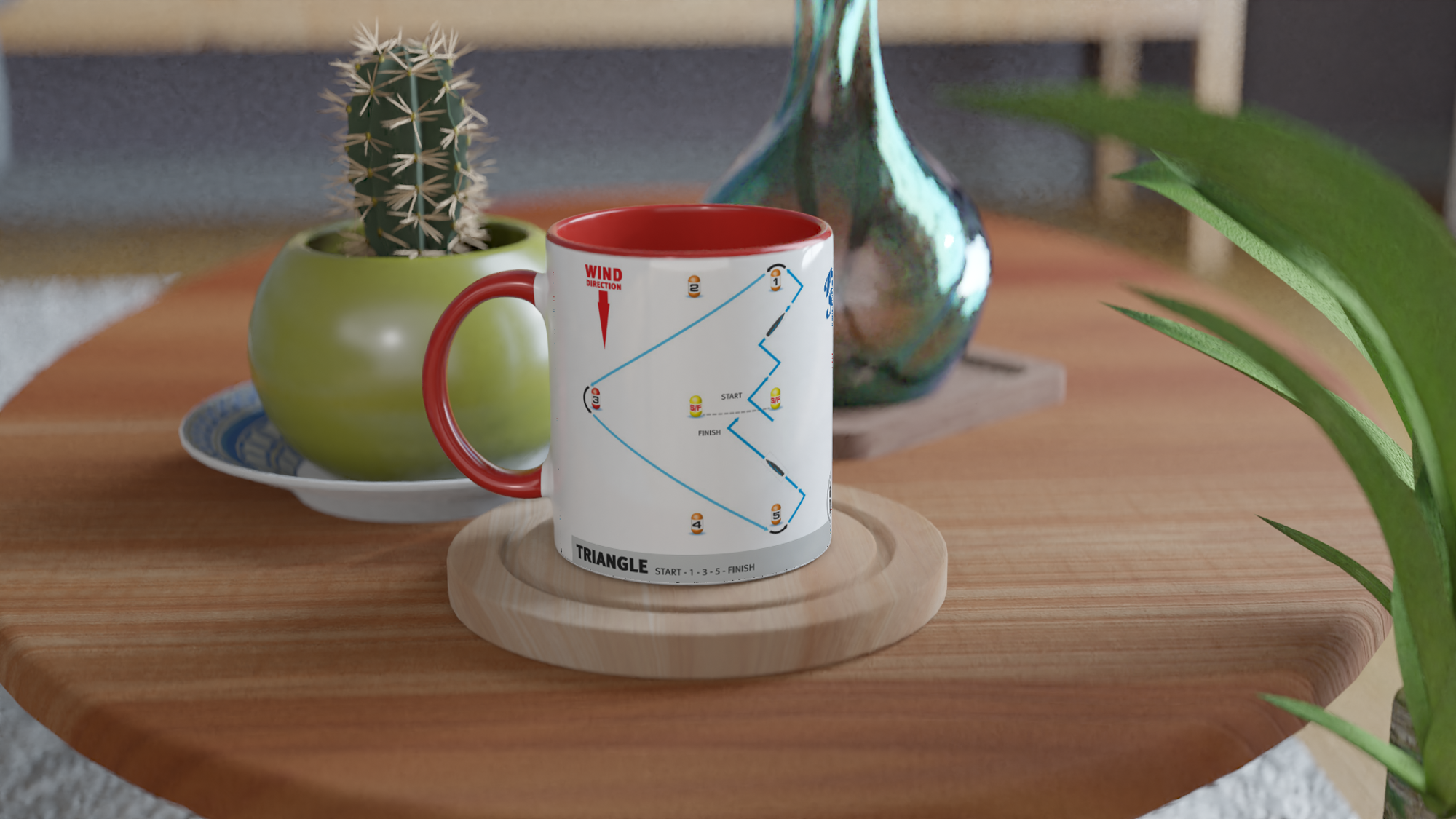 The picture shows a left side view of the 11oz ceramic mug “SAILING COURSES 2” from the series “Play2Sail: Radio Sailing Academy #DF65” [#TAGMUG™] with red color inside on a contemporary kitchen table