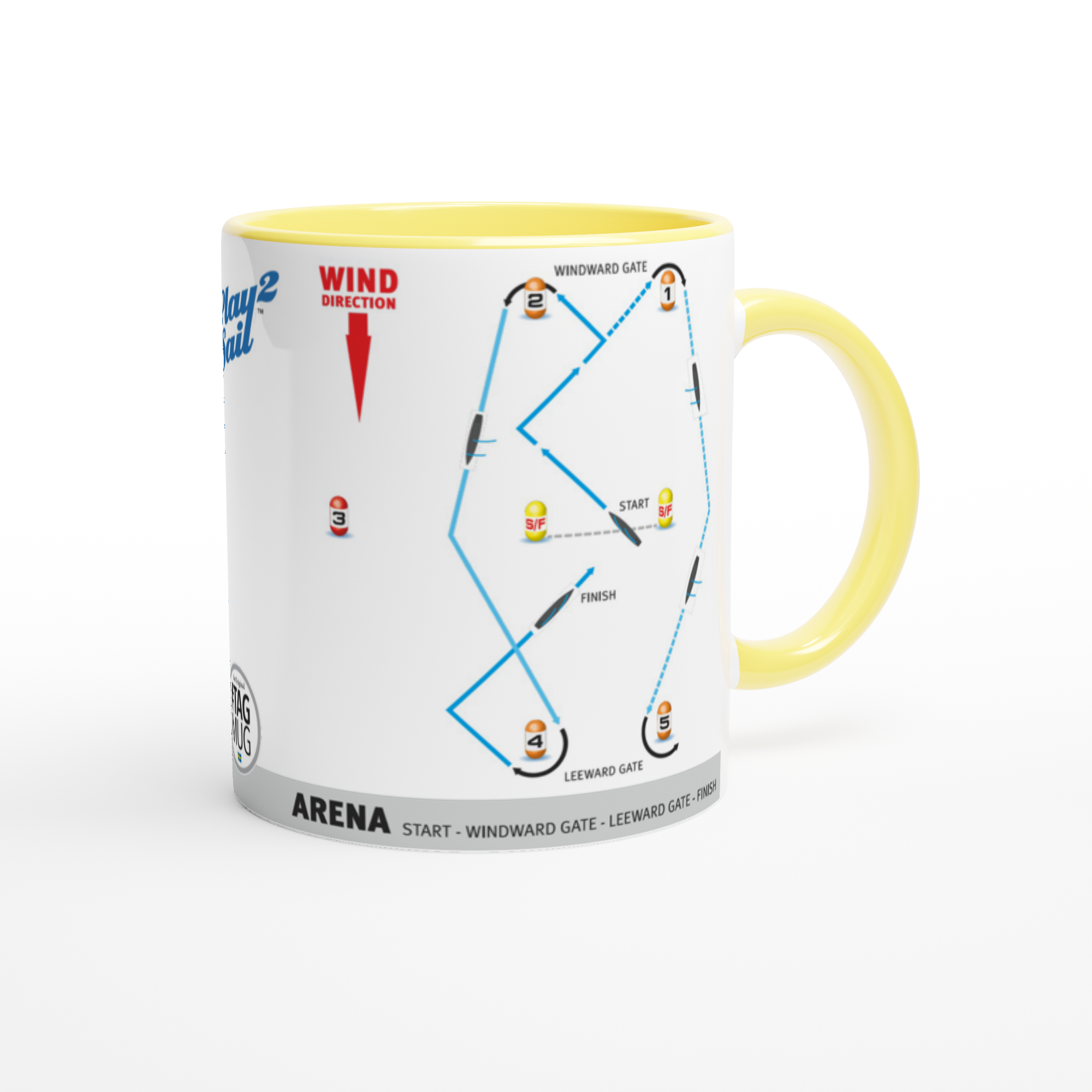 The picture shows a right side view of the 11oz ceramic mug “SAILING COURSES 2” from the series “Play2Sail: Radio Sailing Academy #DF65” [#TAGMUG™] with yellow color inside