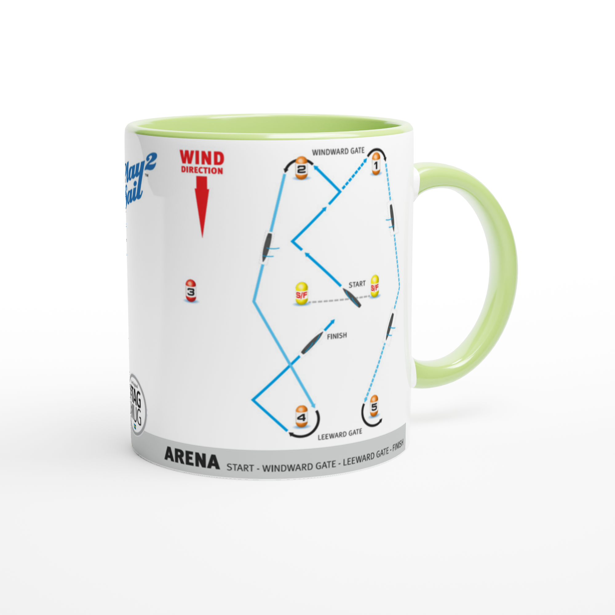 The picture shows a right side view of the 11oz ceramic mug “SAILING COURSES 2” from the series “Play2Sail: Radio Sailing Academy #DF65” [#TAGMUG™] with green color inside