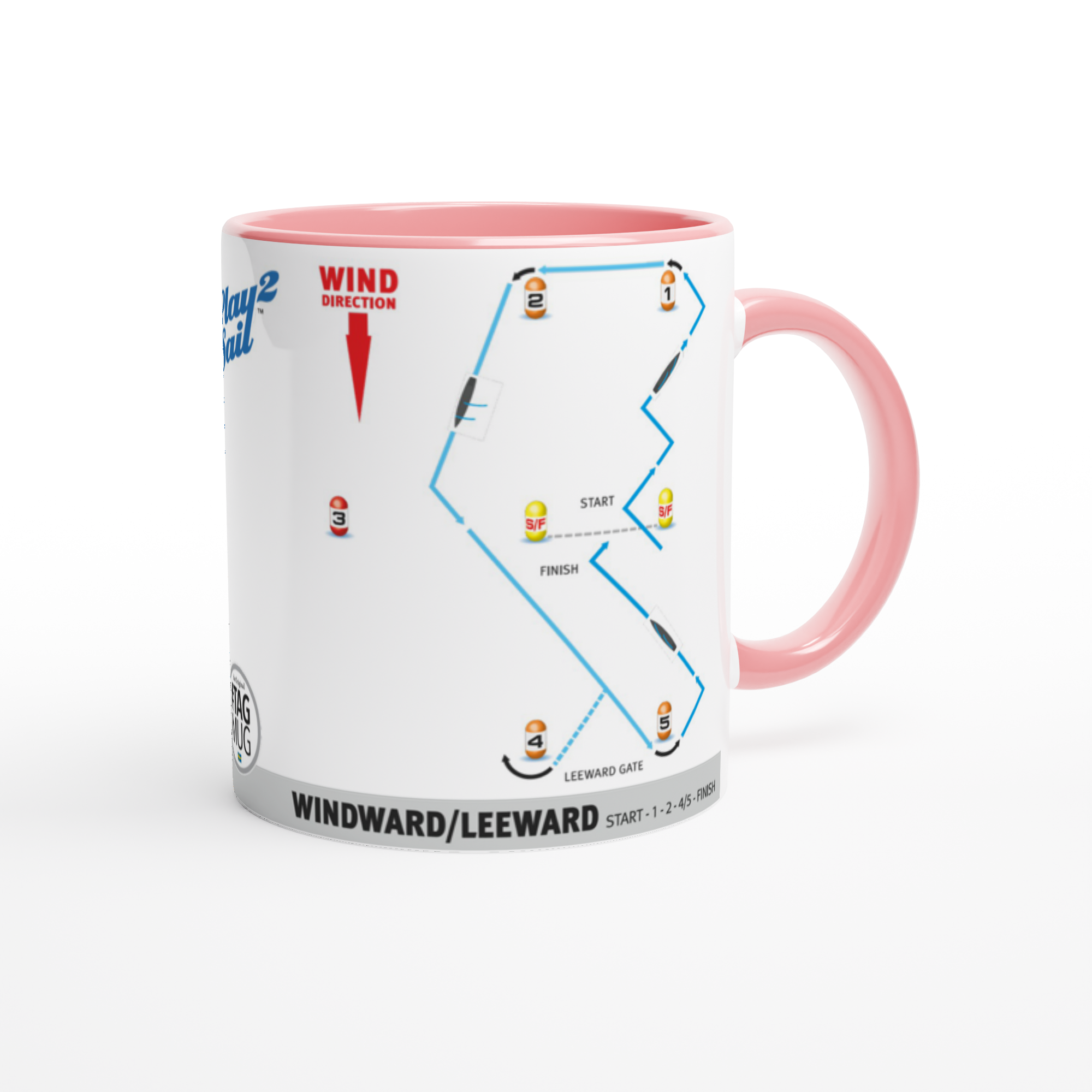 The picture shows a right side view of the 11oz ceramic mug “SAILING COURSES 1” from the series “Play2Sail: Radio Sailing Academy #DF65” [#TAGMUG™] with pink color inside