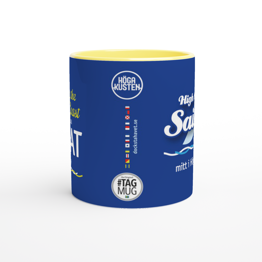 The picture shows the 11oz ceramic mug "EXPLORE THE HIGH COAST" from the series HIGH COAST SAILOR #TAGMUG™ with yellow color inside, taken from the side opposite to the handle