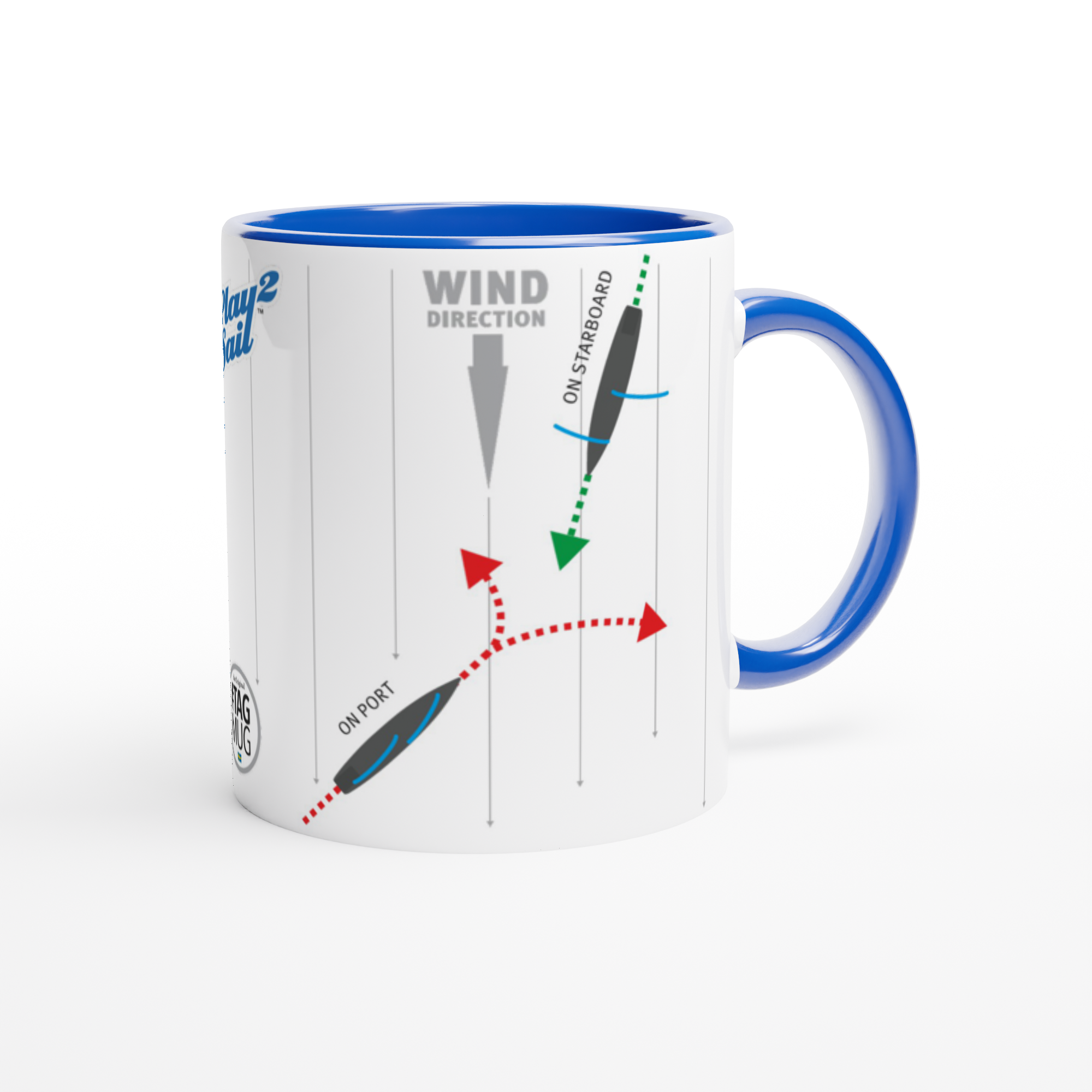 The picture shows a right side view of the 11oz ceramic mug "RULES OF SAILING RACING 1" from the series SAILING #TAGMUG™ with blue color inside