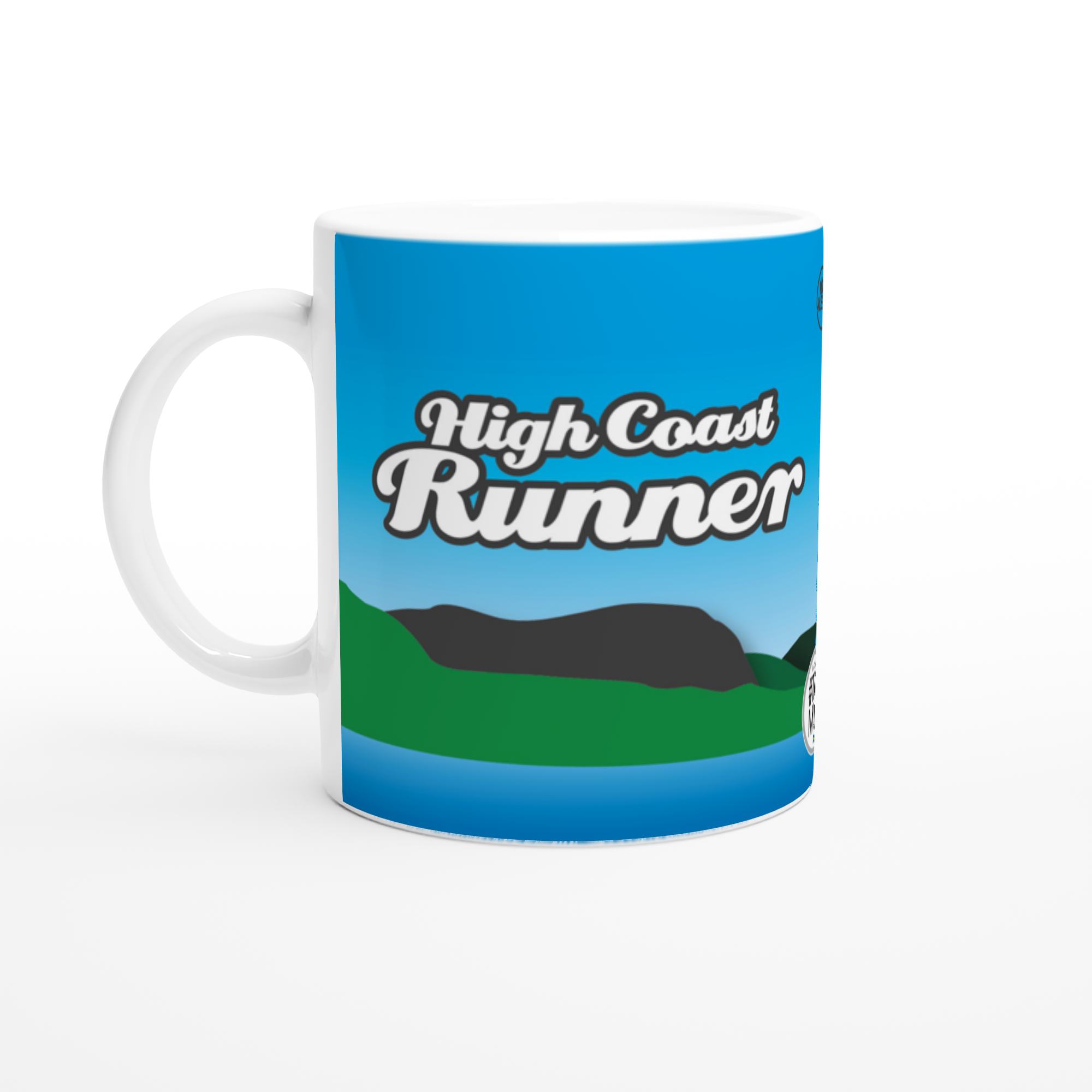 The picture shows a left side view of the 11oz ceramic mug "RUN THE WORLD HERITAGE HEART" from the series HIGH COAST RUNNER #TAGMUG™