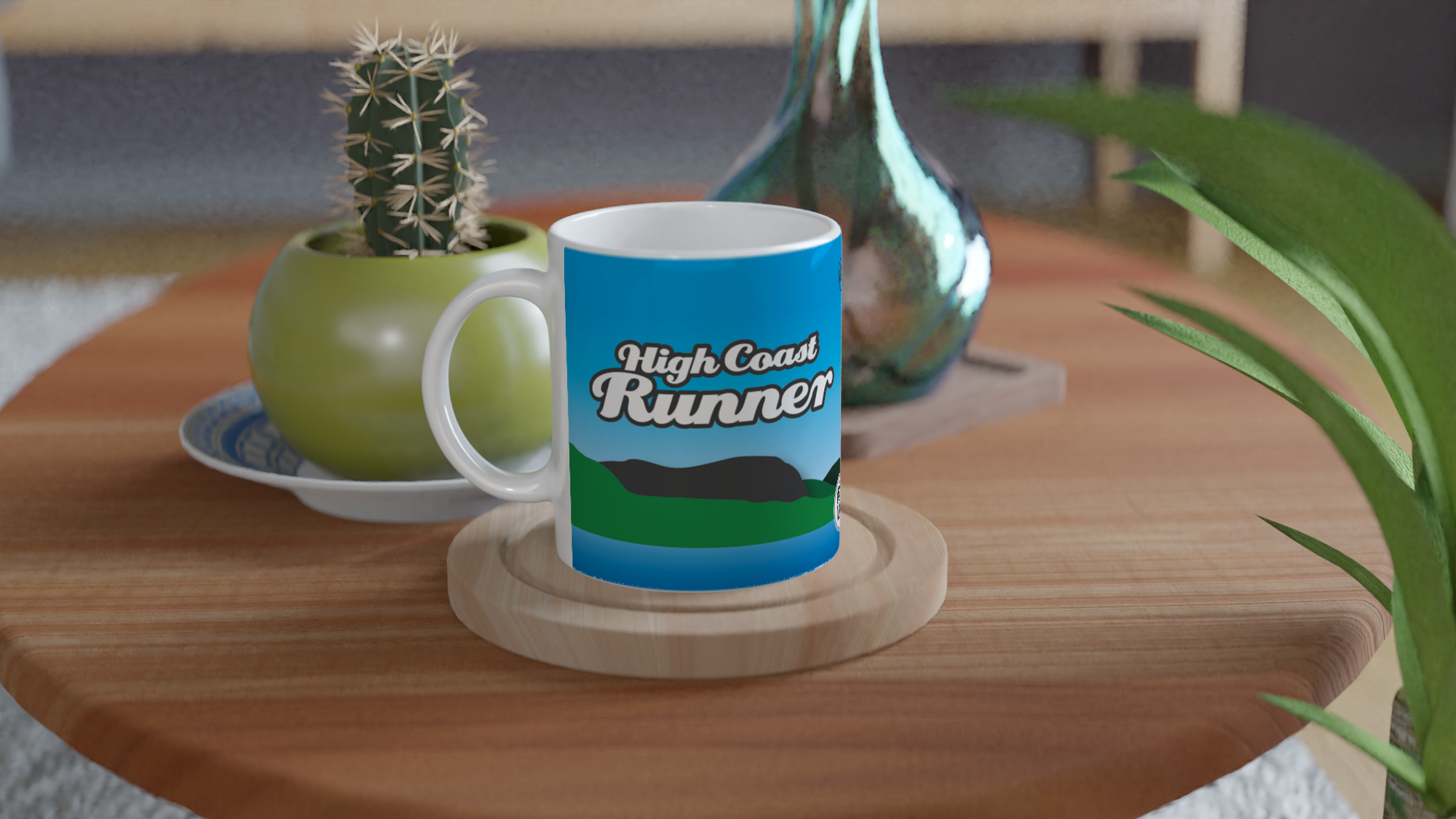 The picture shows a left side view of the 11oz ceramic mug "RUN OVER THE SEA” from the series HIGH COAST RUNNER #TAGMUG™ on a contemporary kitchen table