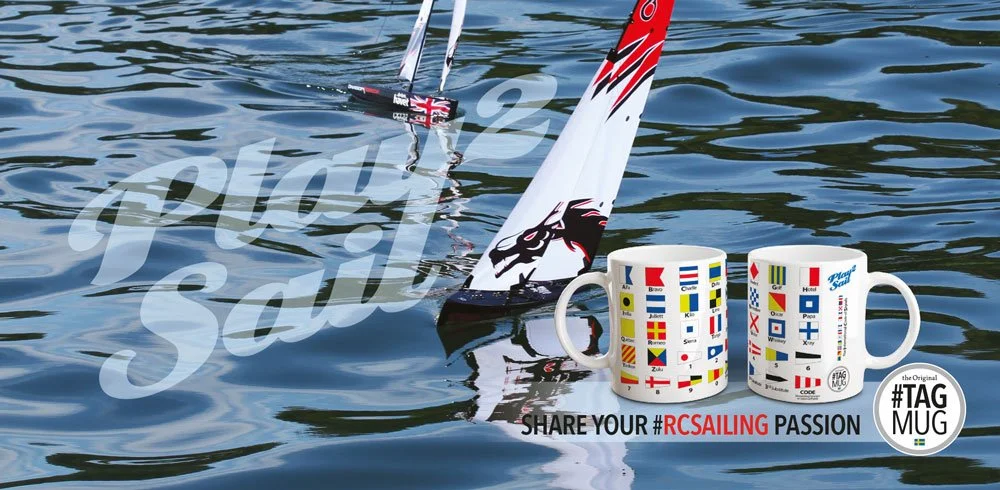 The picture shows the left and right side view of two 11oz ceramic mugs "THE INTERNATIONAL CODE OF SIGNALS" - SAILING #TAGMUG™ and two RC boats sailing