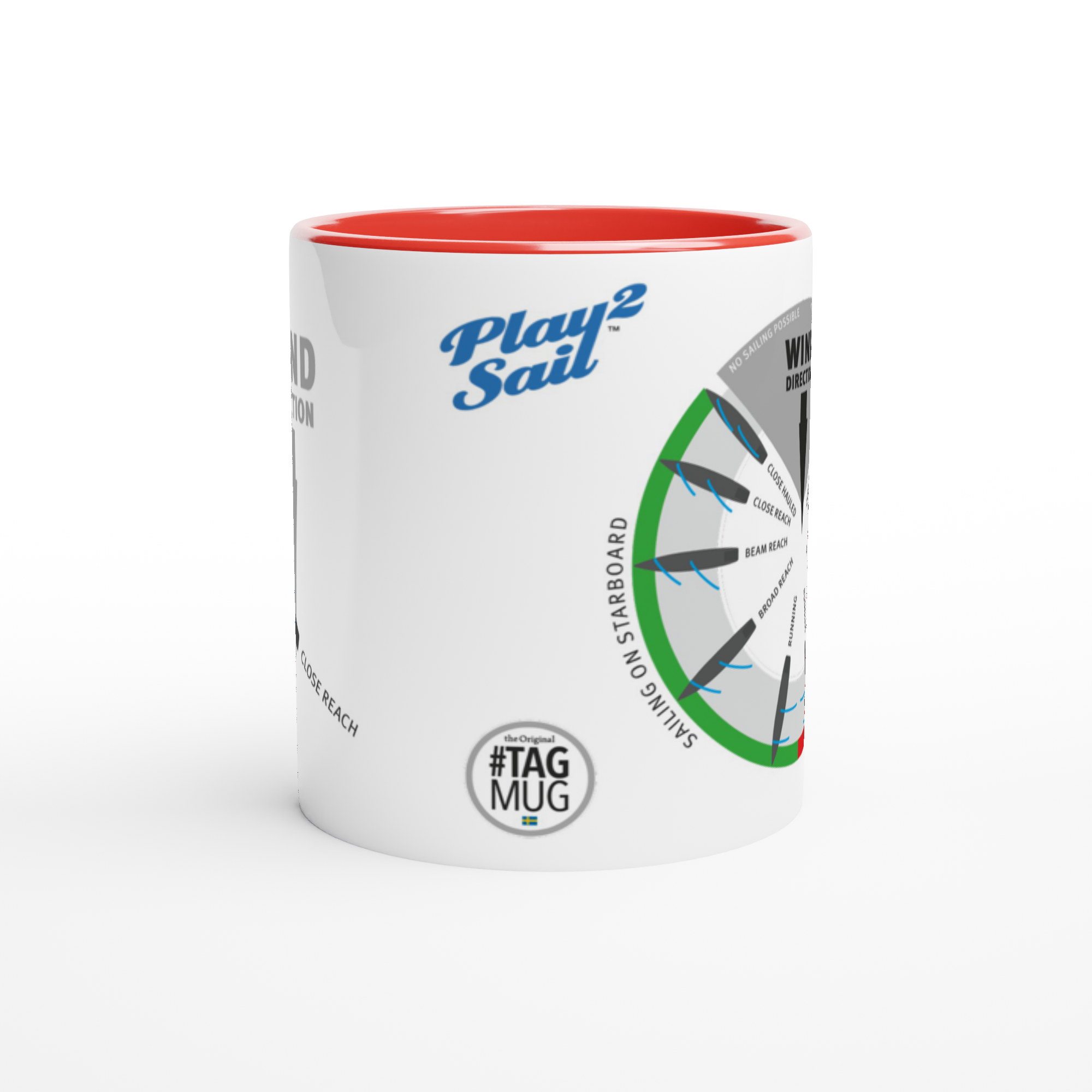 The picture shows the 11oz ceramic mug "POINTS OF SAIL: CLOSE REACH (3)" from the series SAILING #TAGMUG™ with red color inside, taken from the side opposite to the handle